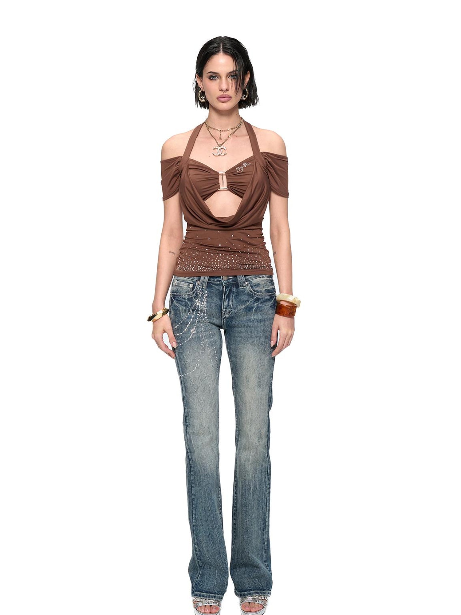 JYOSEI Y2K Strap Top With Draped Neckline & Gradient Rhinestones