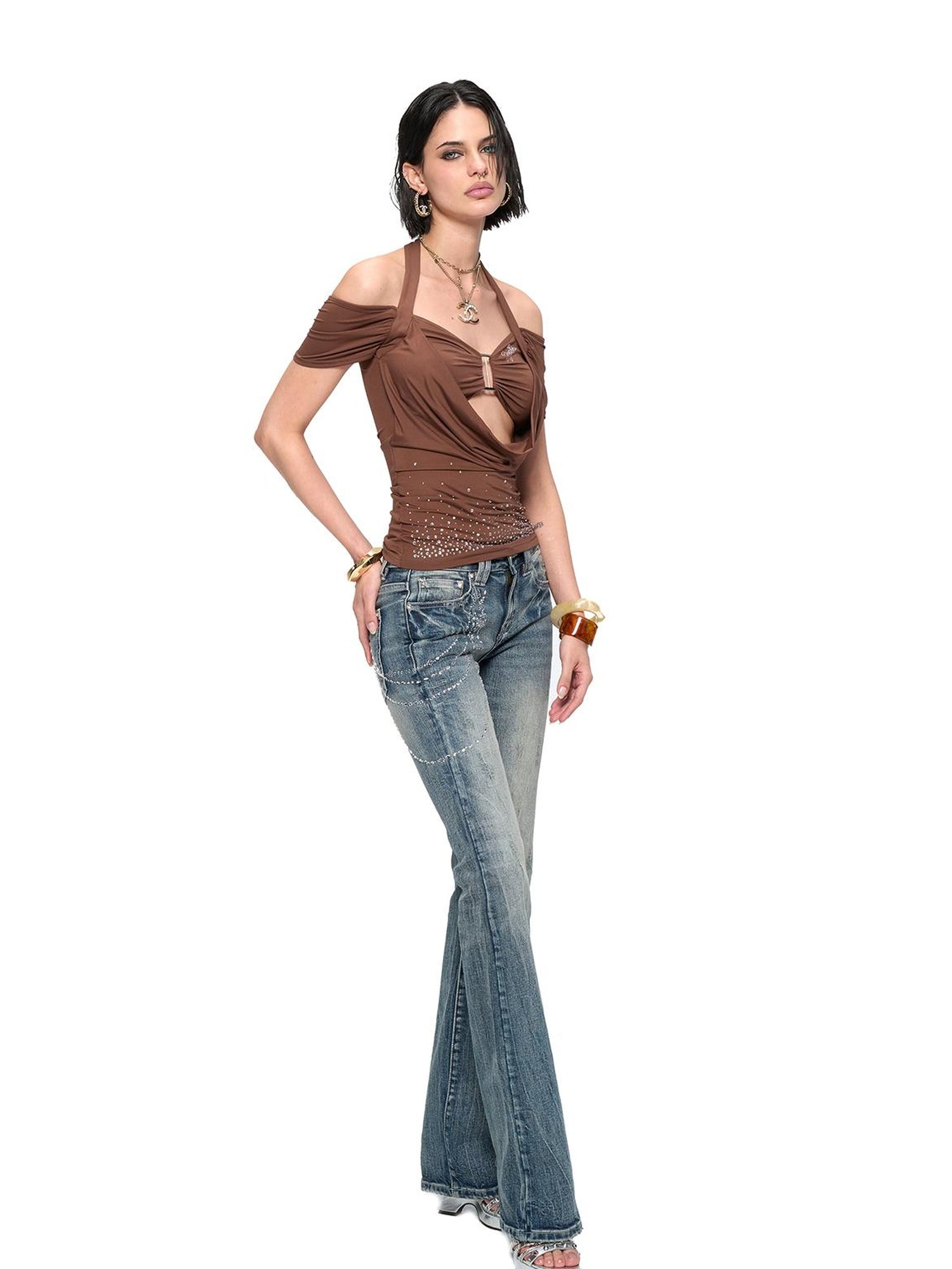 JYOSEI Y2K Strap Top With Draped Neckline & Gradient Rhinestones