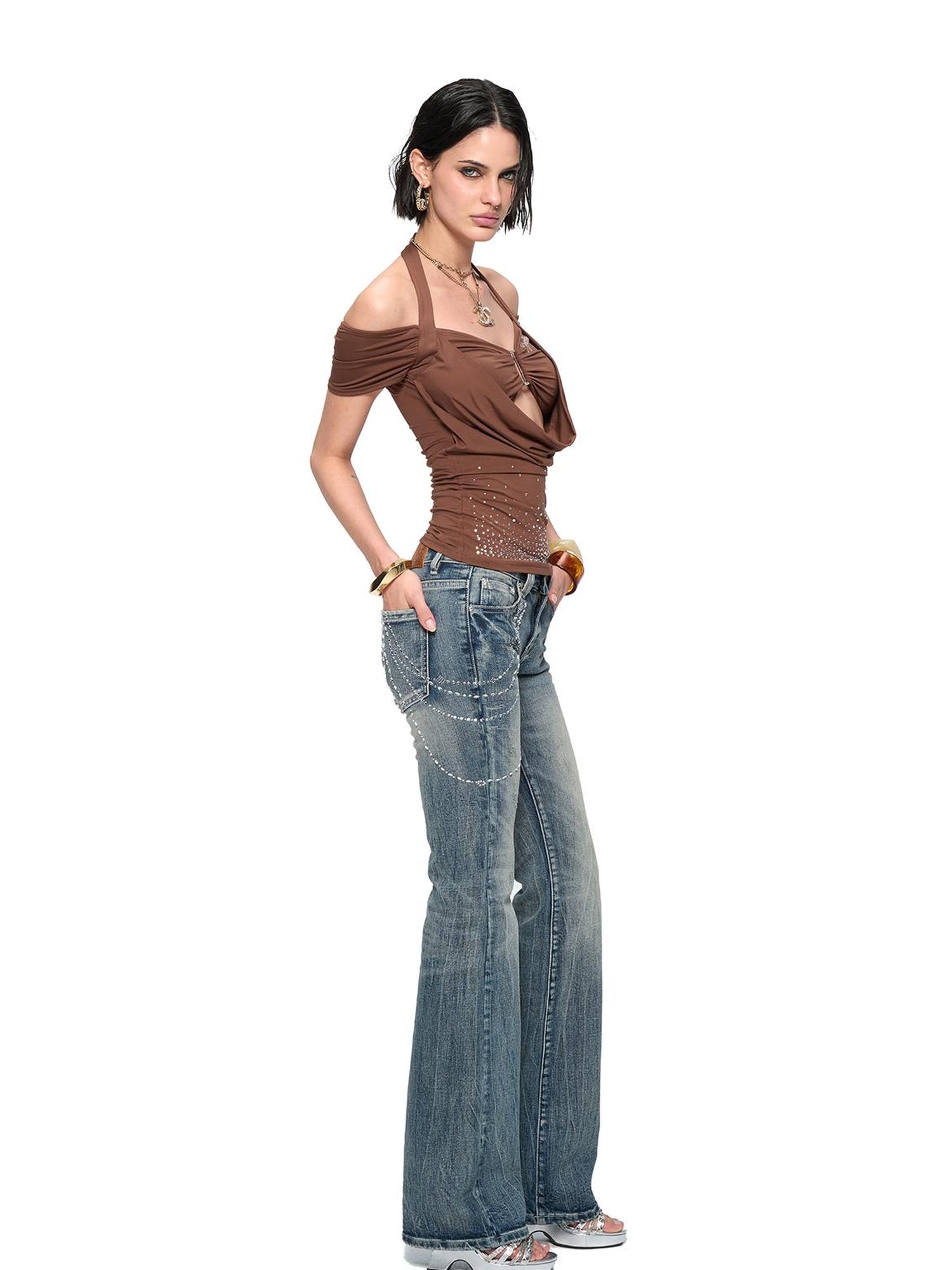 JYOSEI Y2K Strap Top With Draped Neckline & Gradient Rhinestones