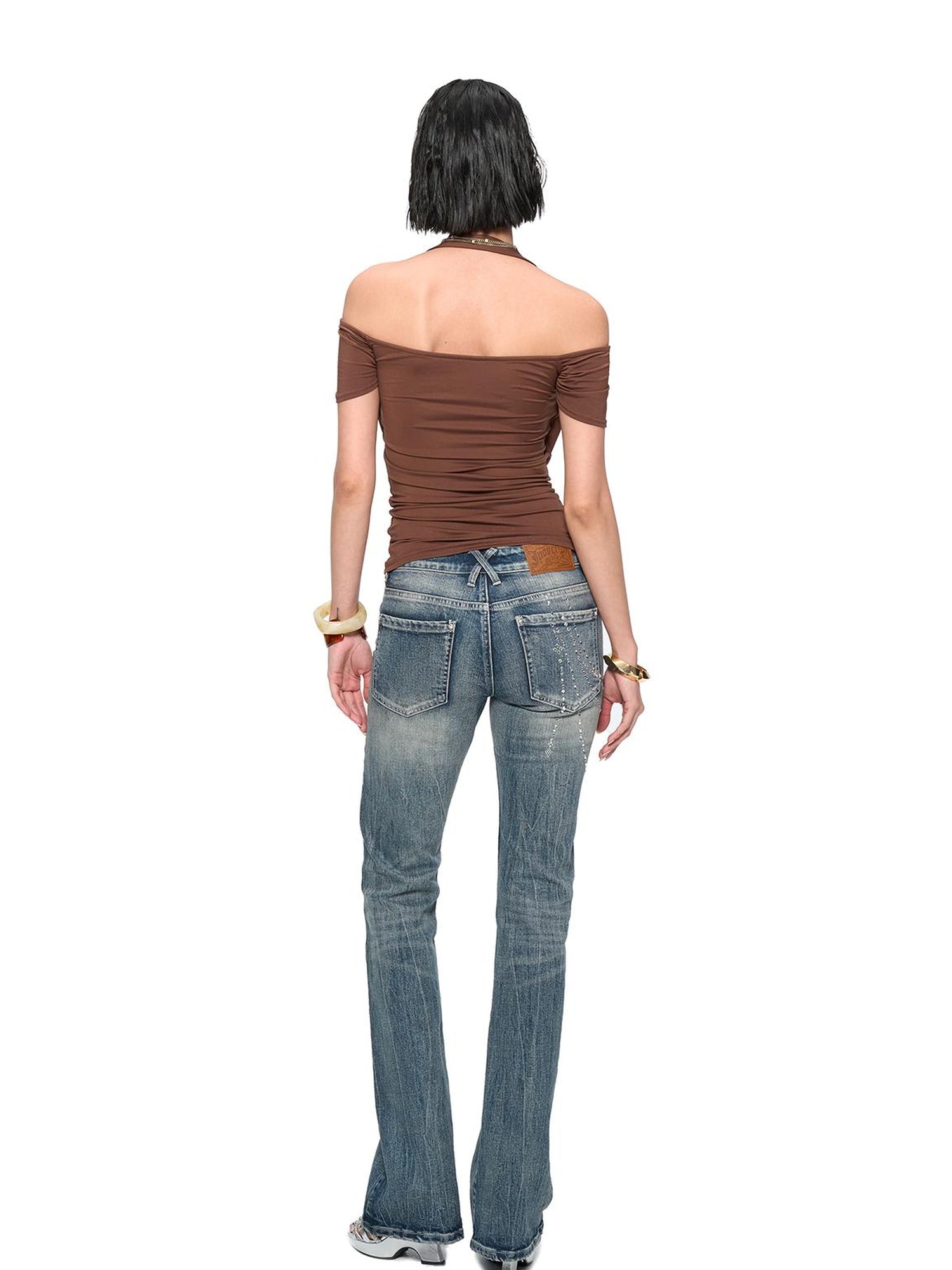 JYOSEI Y2K Strap Top With Draped Neckline & Gradient Rhinestones