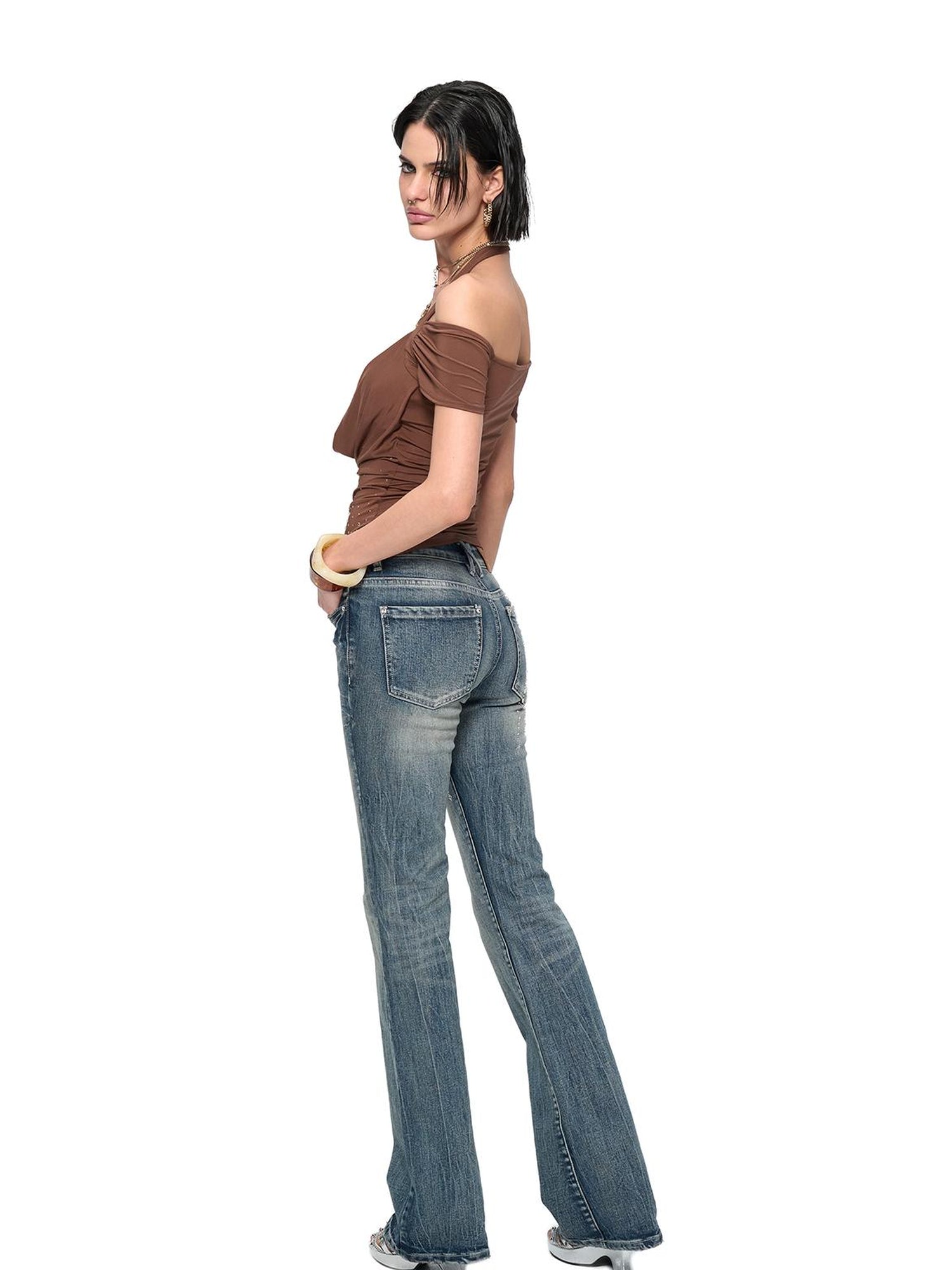 JYOSEI Y2K Strap Top With Draped Neckline & Gradient Rhinestones