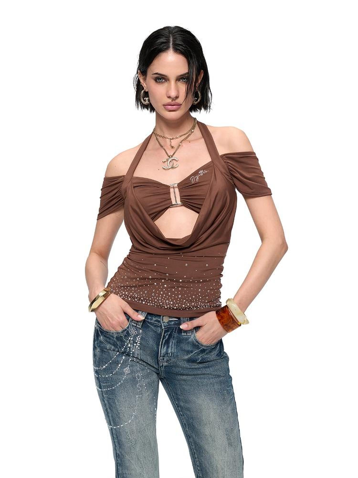JYOSEI Y2K Strap Top With Draped Neckline & Gradient Rhinestones