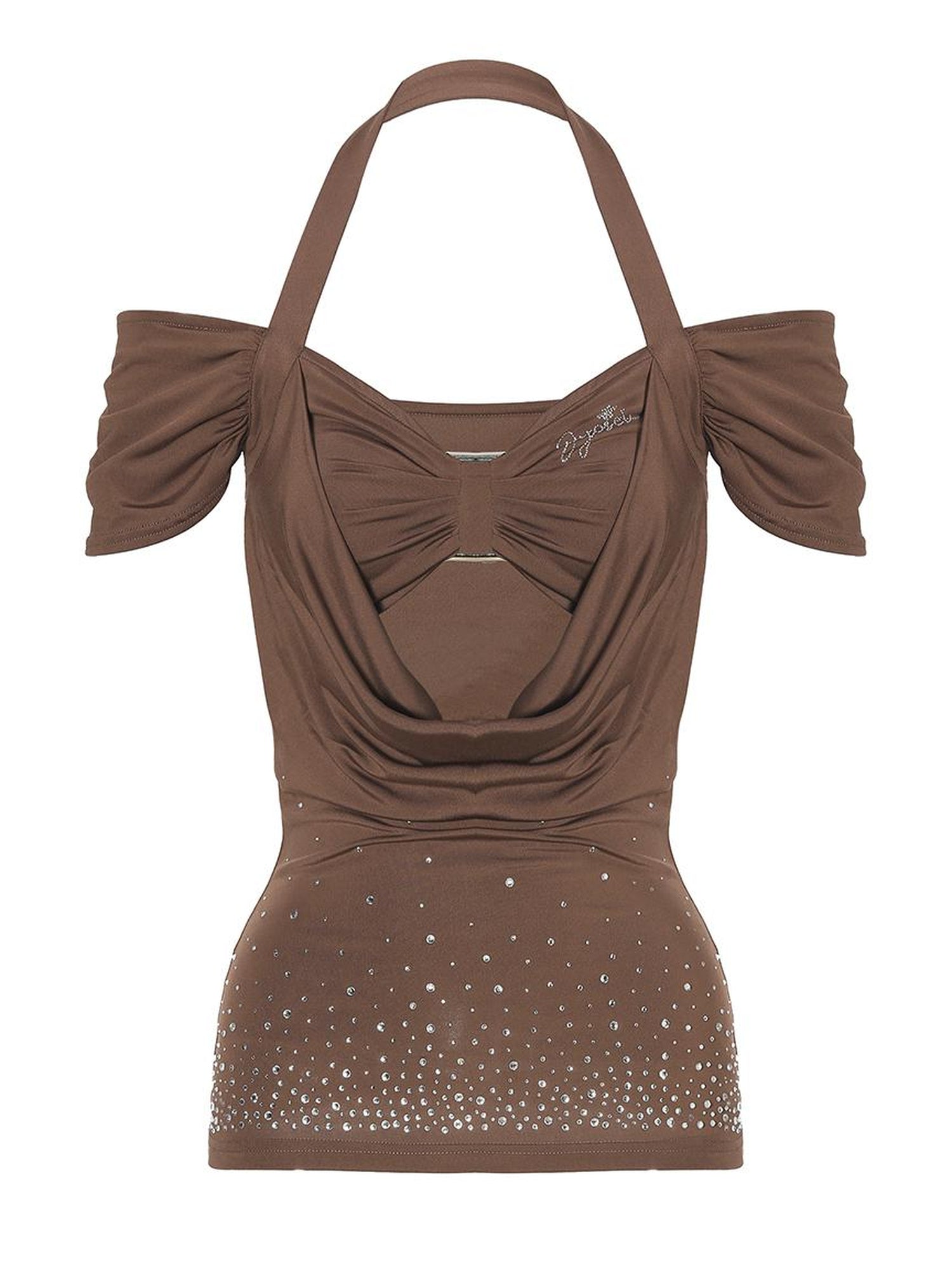 JYOSEI Y2K Strap Top With Draped Neckline & Gradient Rhinestones