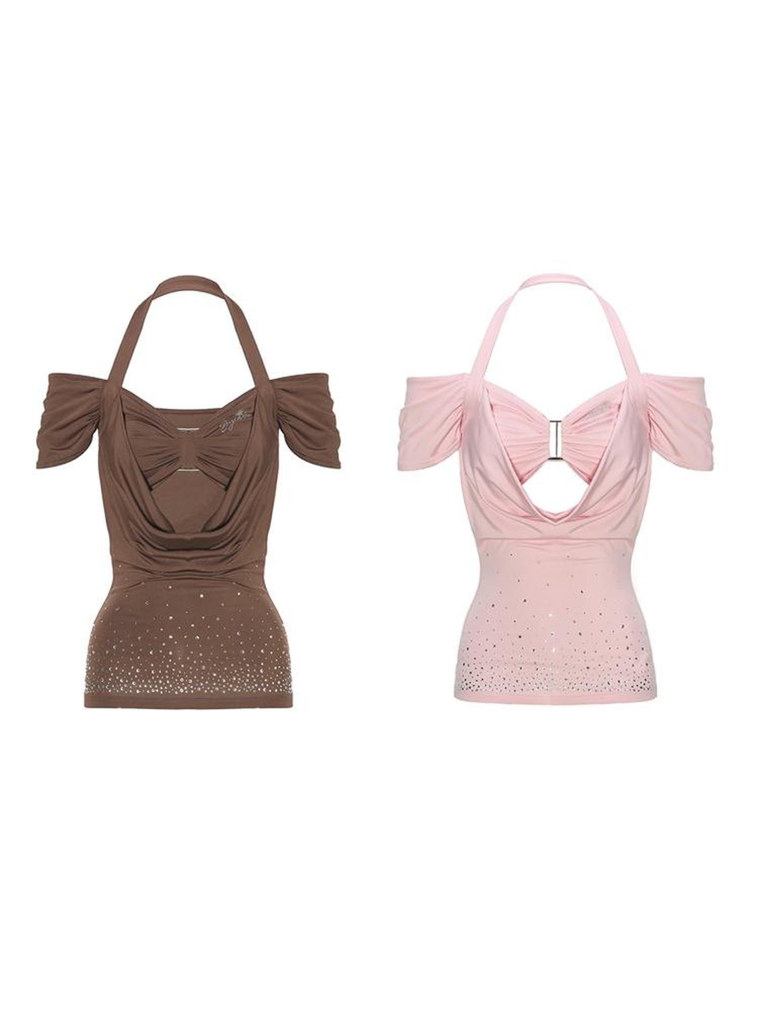 JYOSEI Y2K Strap Top With Draped Neckline & Gradient Rhinestones