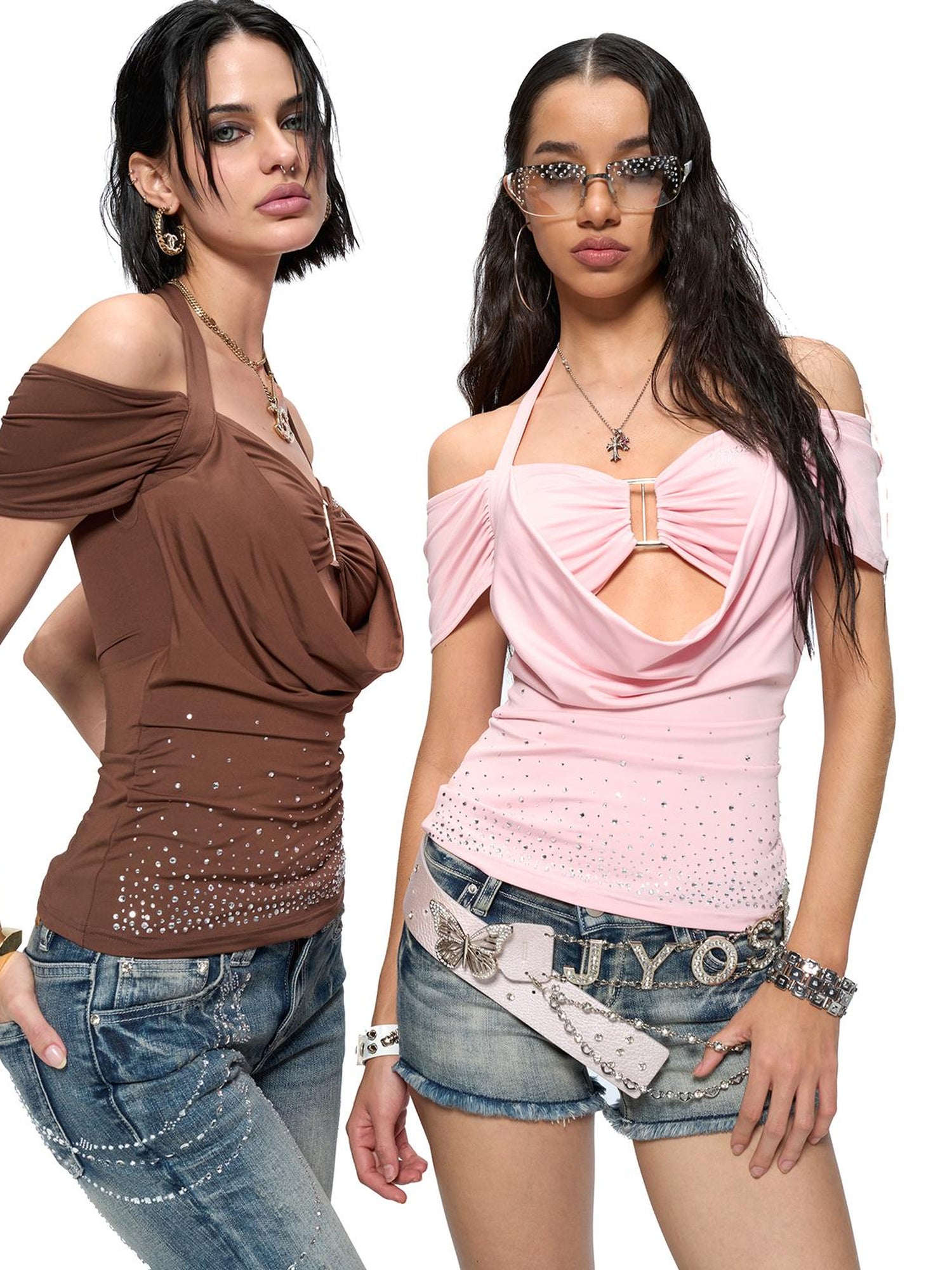 JYOSEI Y2K Strap Top With Draped Neckline & Gradient Rhinestones