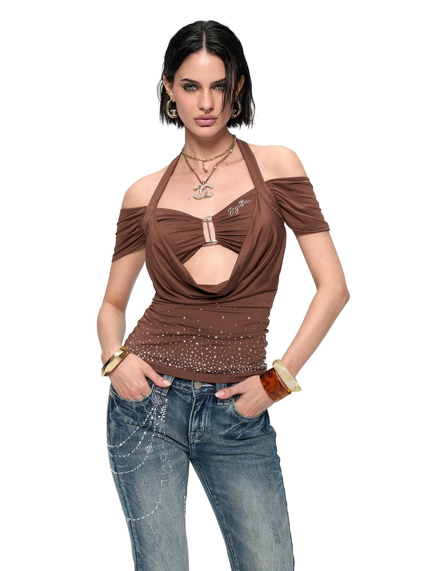 JYOSEI Y2K Strap Top With Draped Neckline & Gradient Rhinestones