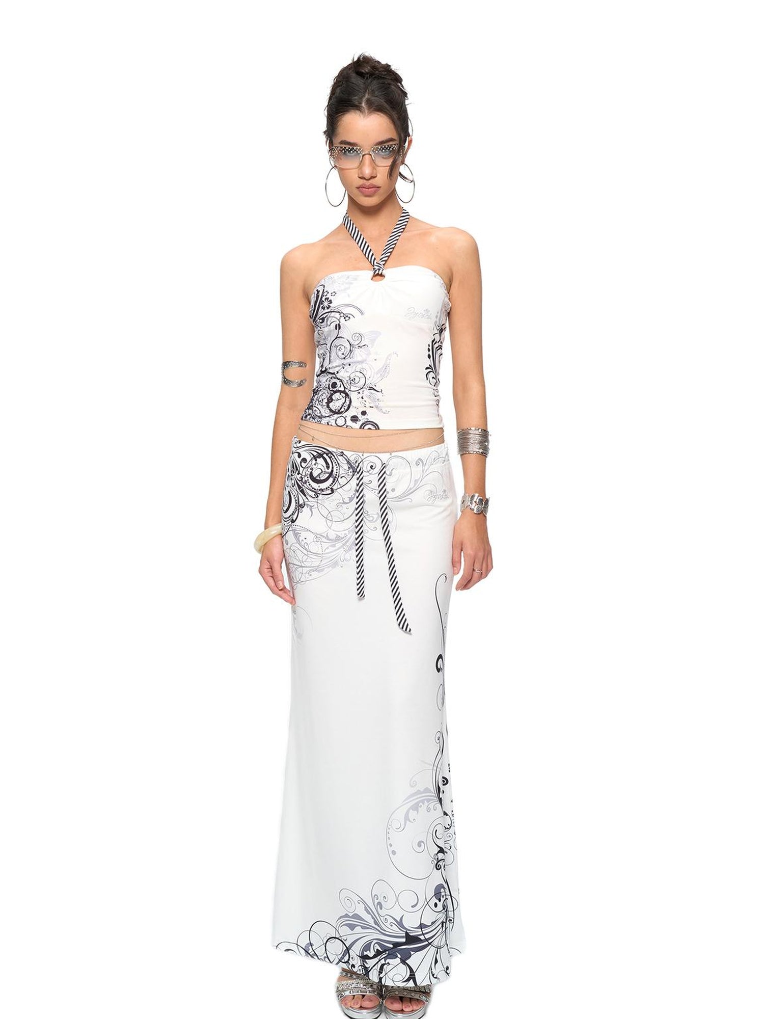 JYOSEI Y2K Stripes Crystal Top And Fishtail Skirt Set
