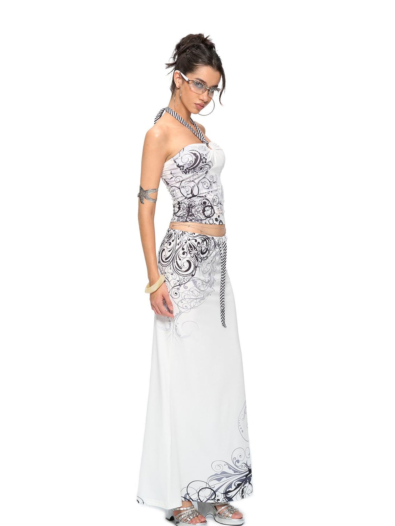 JYOSEI Y2K Stripes Crystal Top And Fishtail Skirt Set