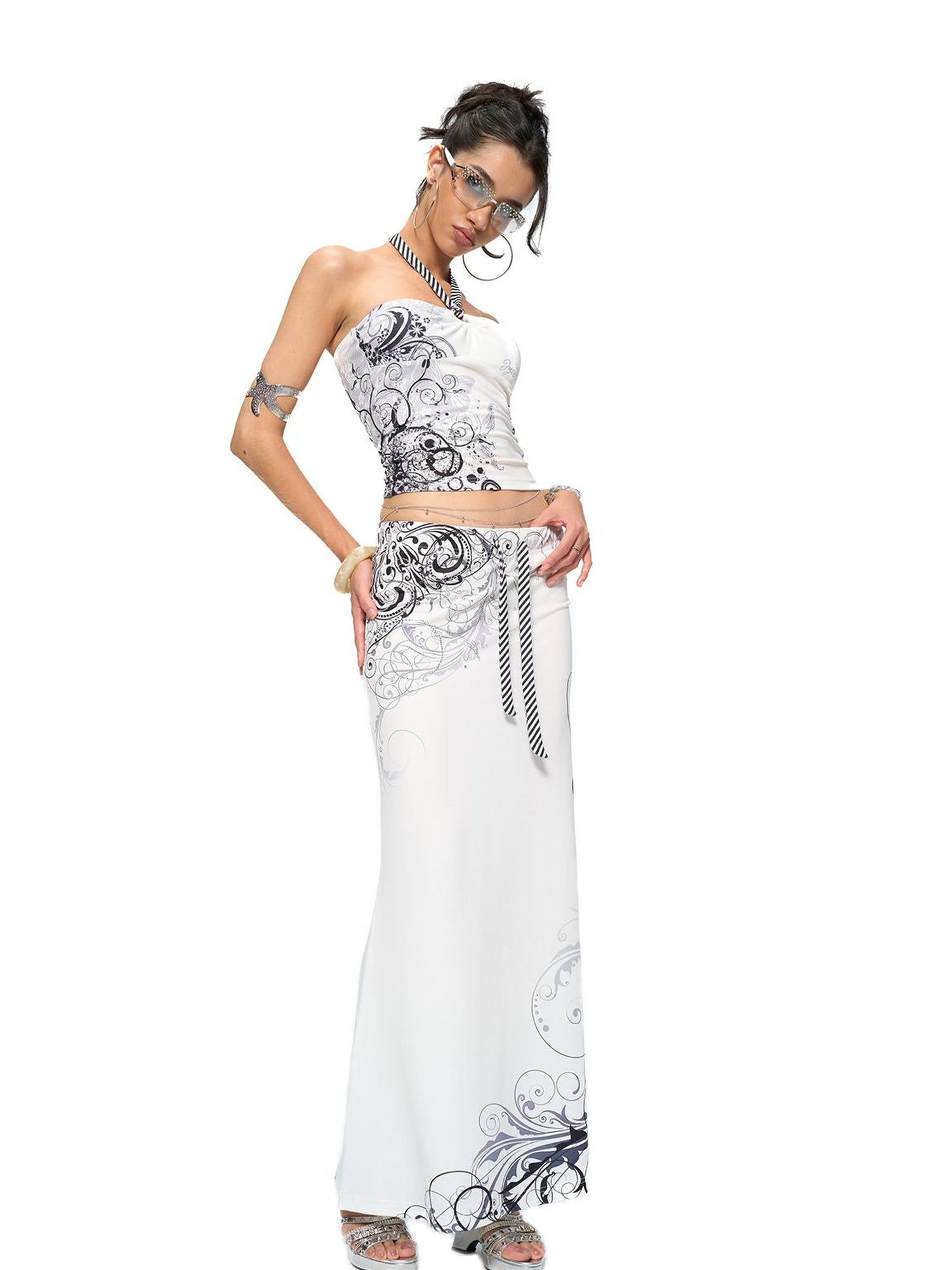 JYOSEI Y2K Stripes Crystal Top And Fishtail Skirt Set