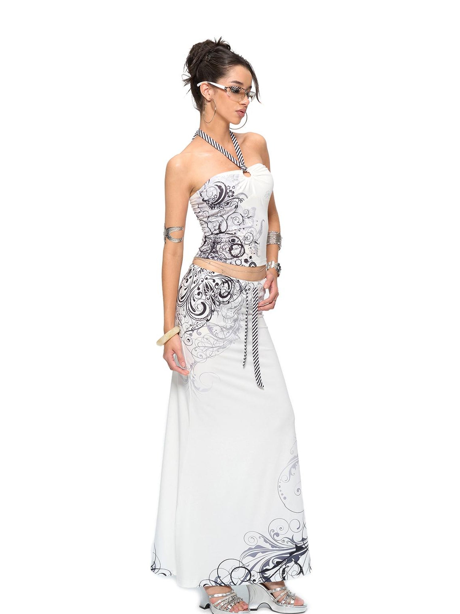 JYOSEI Y2K Stripes Crystal Top And Fishtail Skirt Set