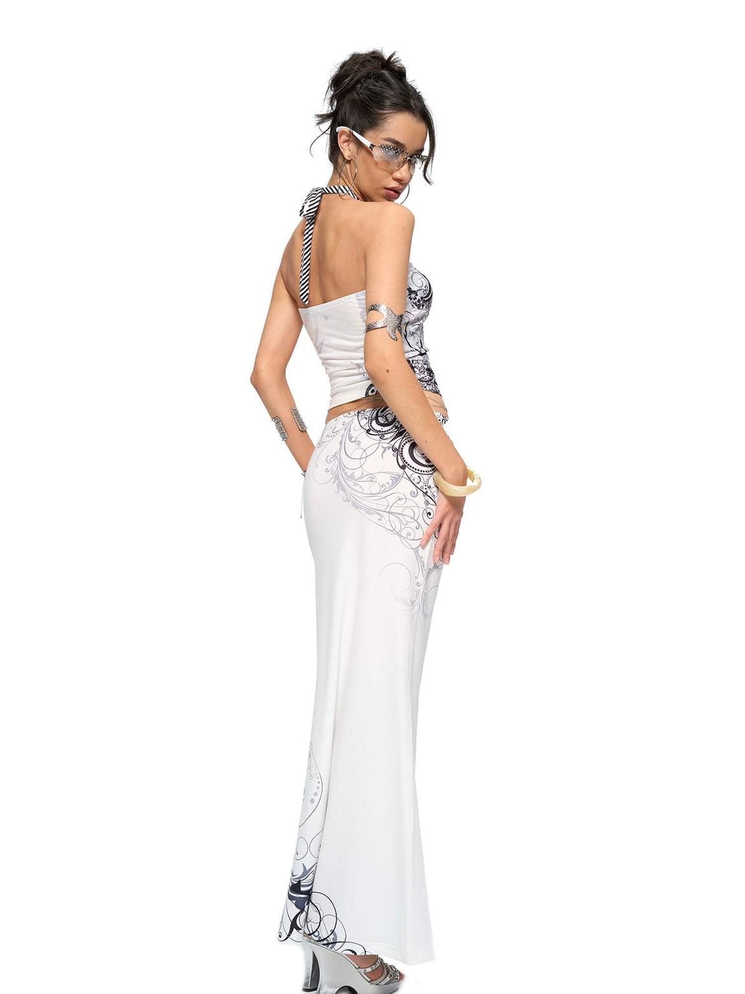 JYOSEI Y2K Stripes Crystal Top And Fishtail Skirt Set