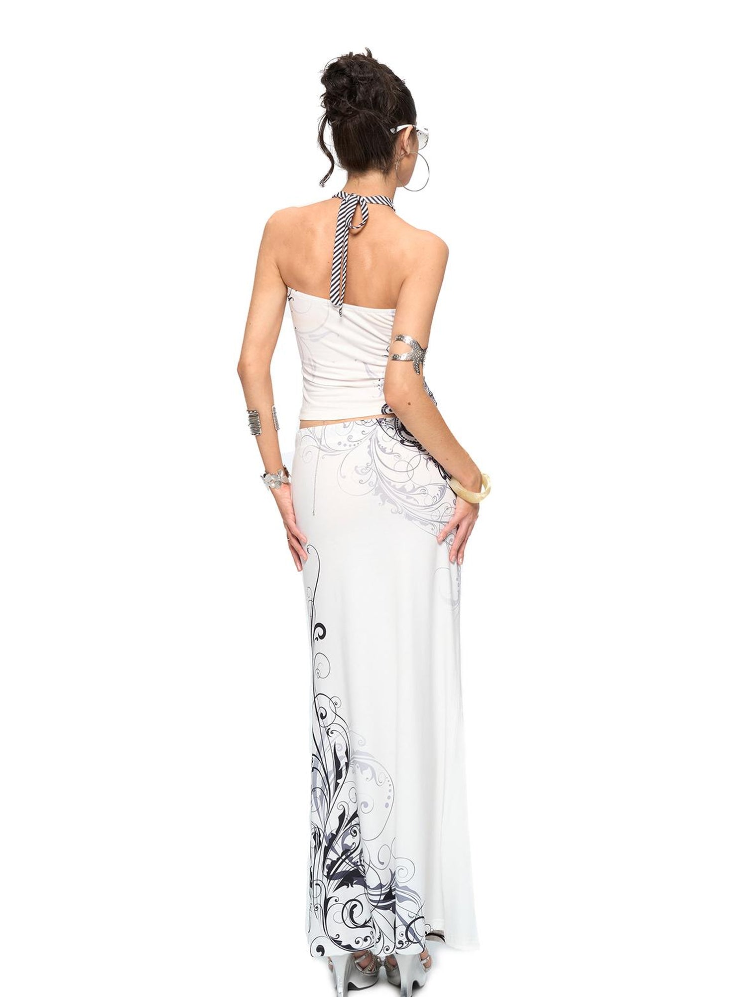 JYOSEI Y2K Stripes Crystal Top And Fishtail Skirt Set