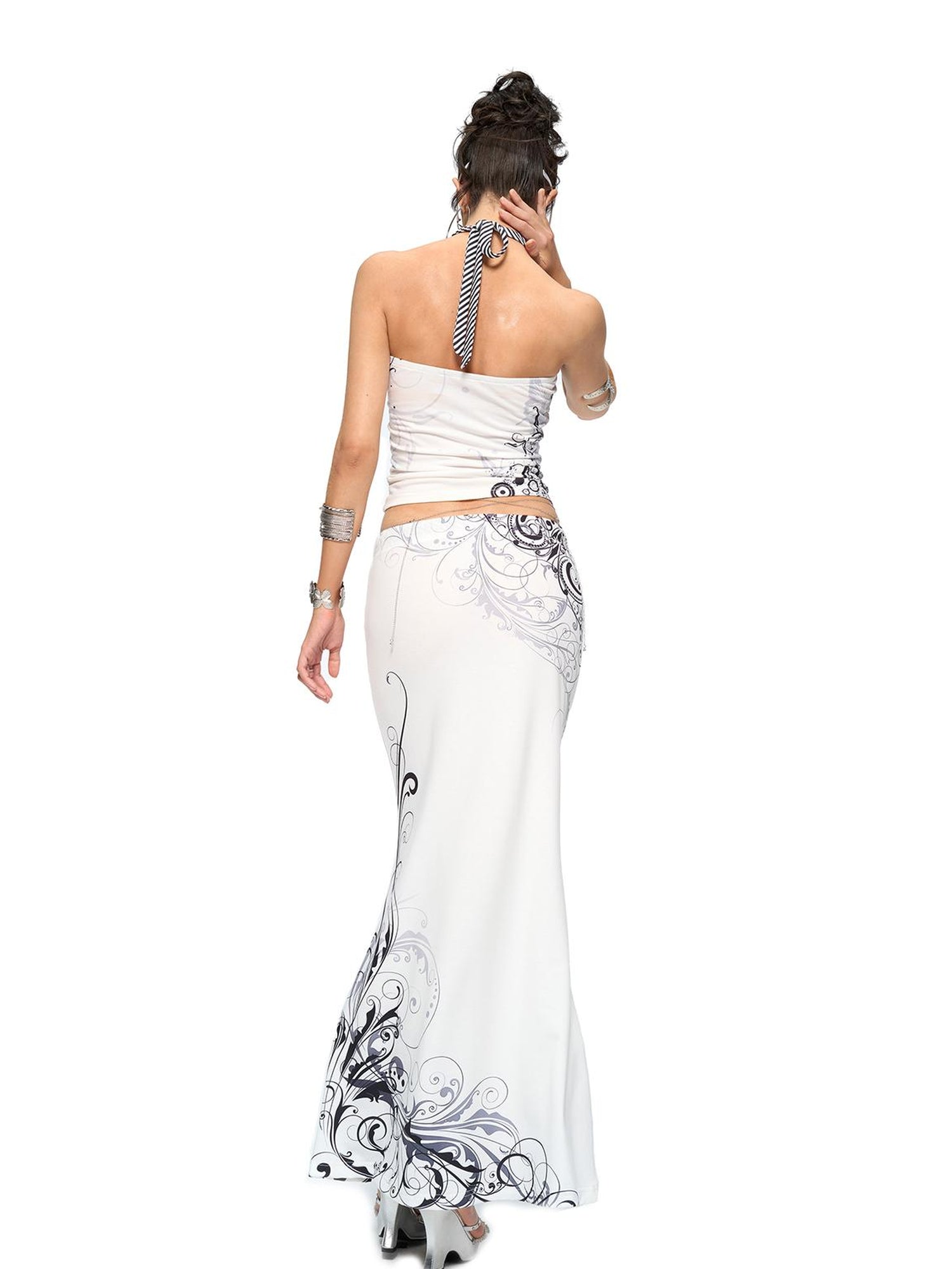 JYOSEI Y2K Stripes Crystal Top And Fishtail Skirt Set