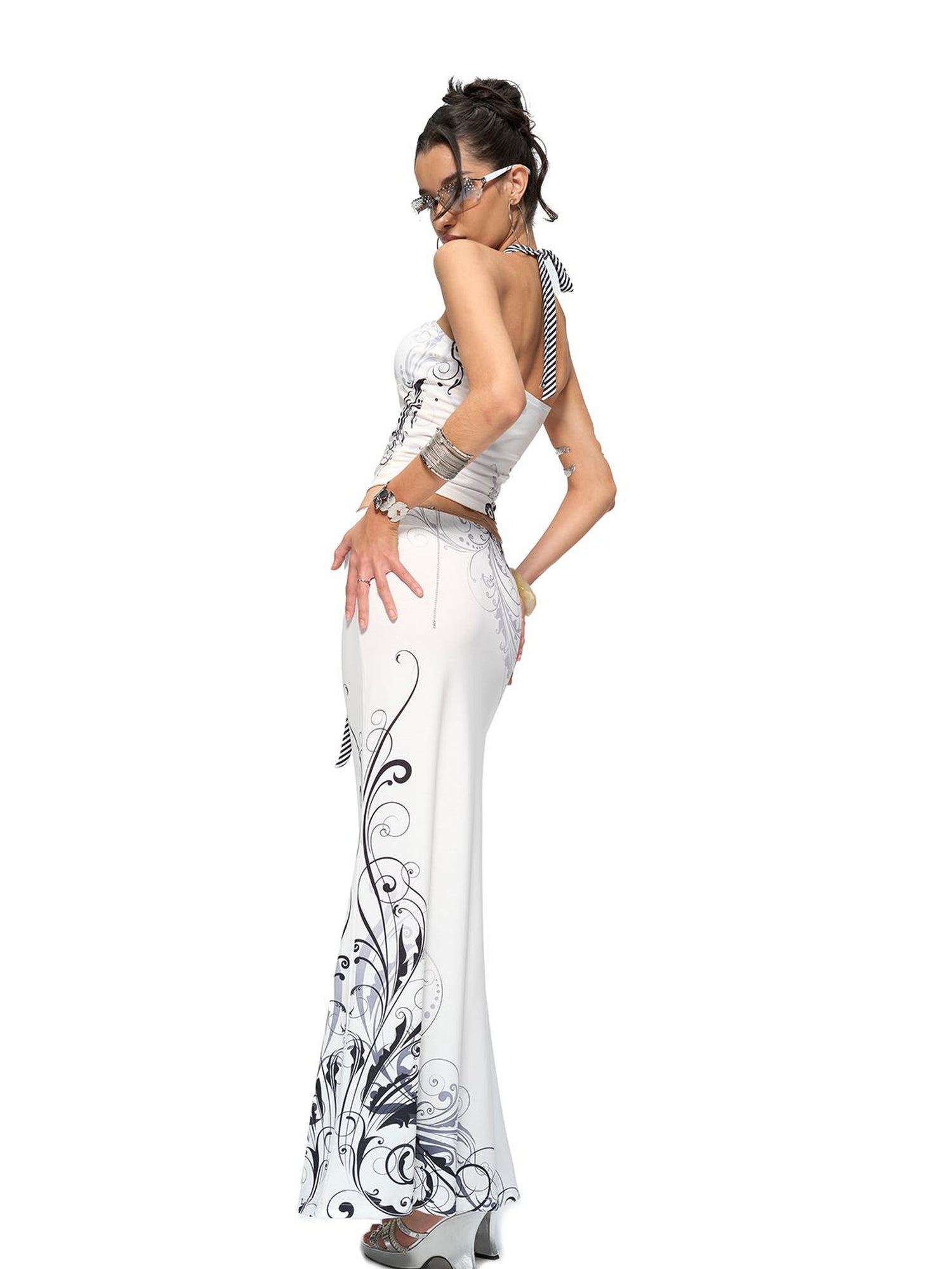 JYOSEI Y2K Stripes Crystal Top And Fishtail Skirt Set