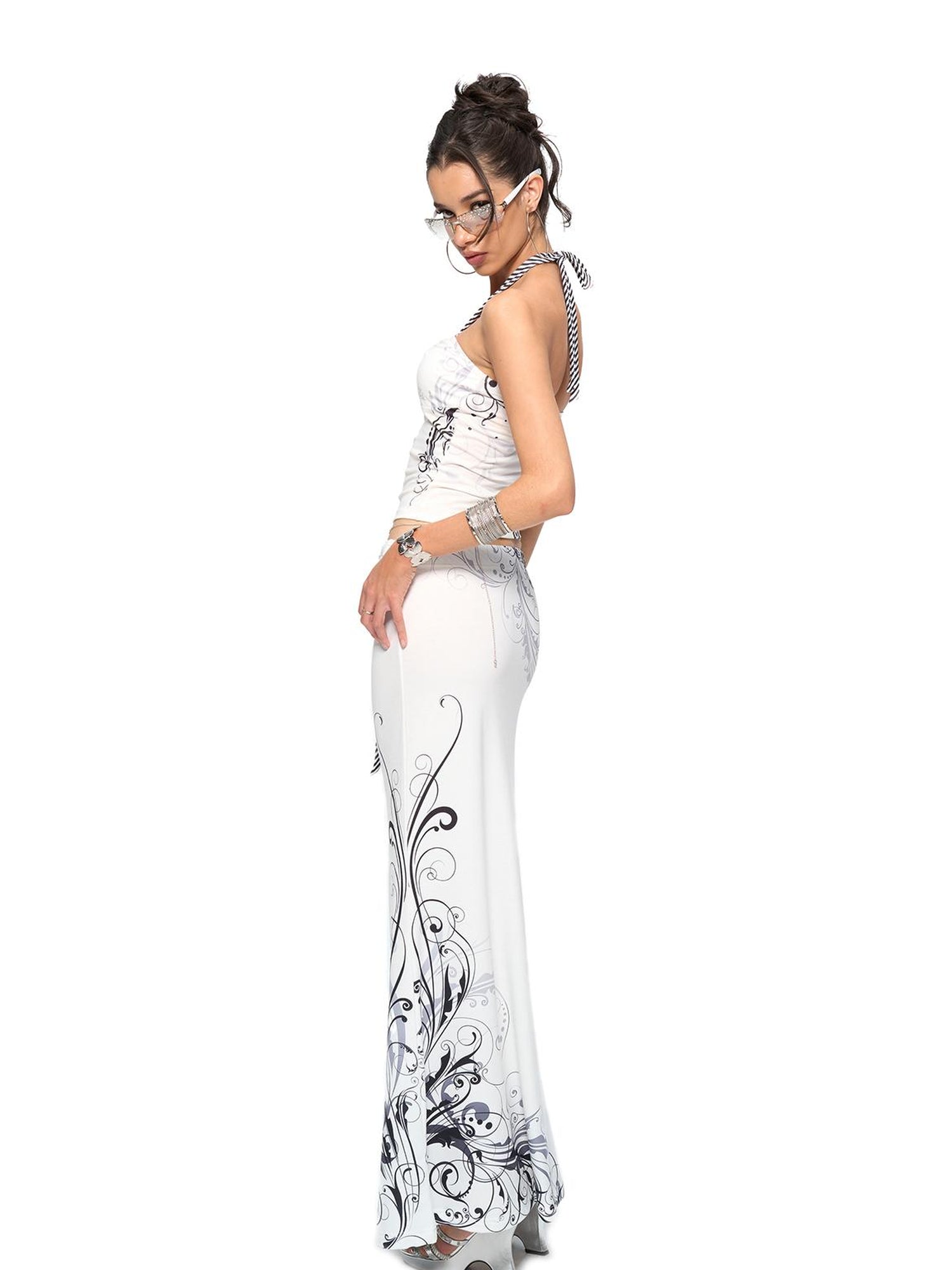 JYOSEI Y2K Stripes Crystal Top And Fishtail Skirt Set
