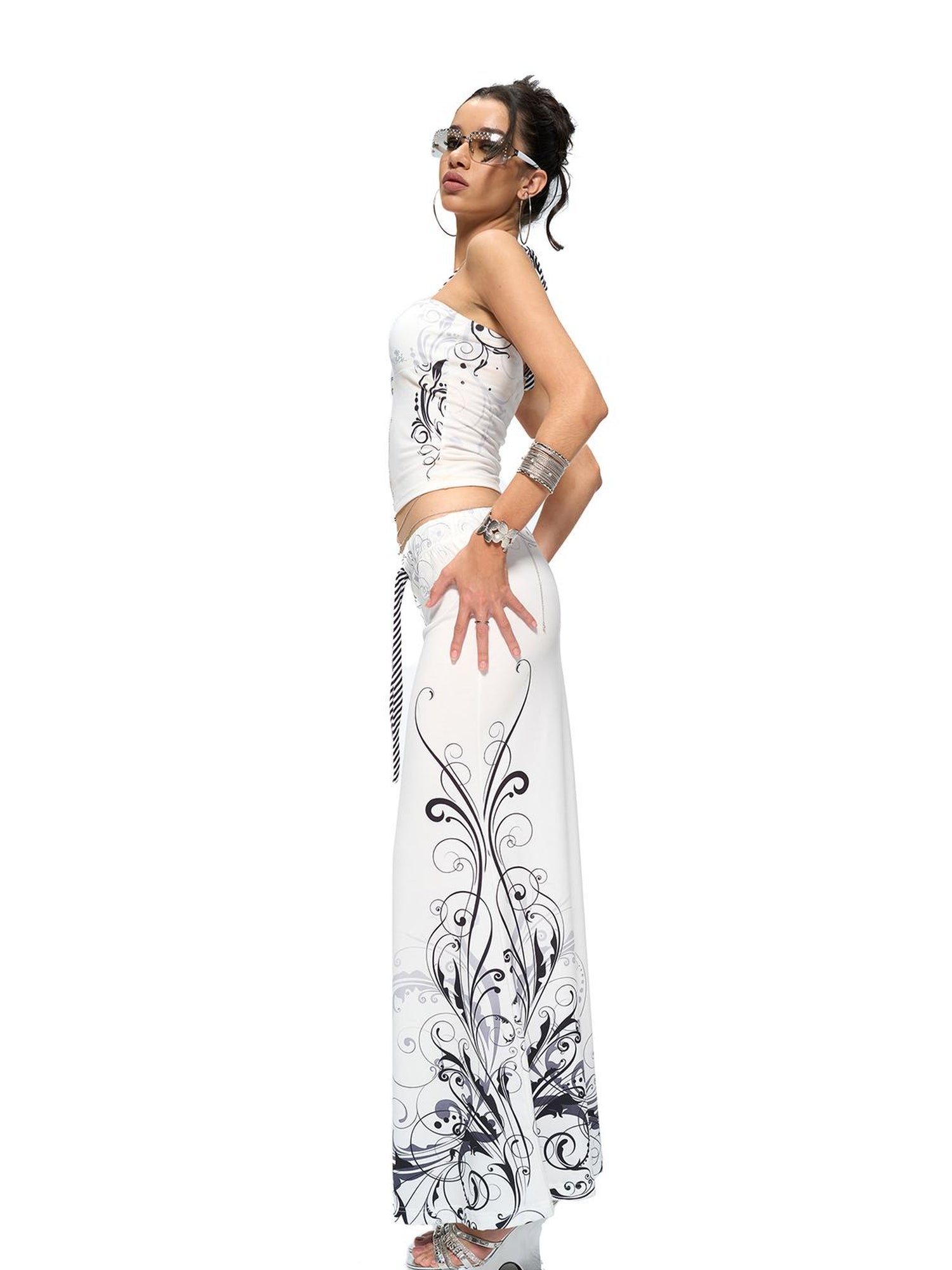 JYOSEI Y2K Stripes Crystal Top And Fishtail Skirt Set