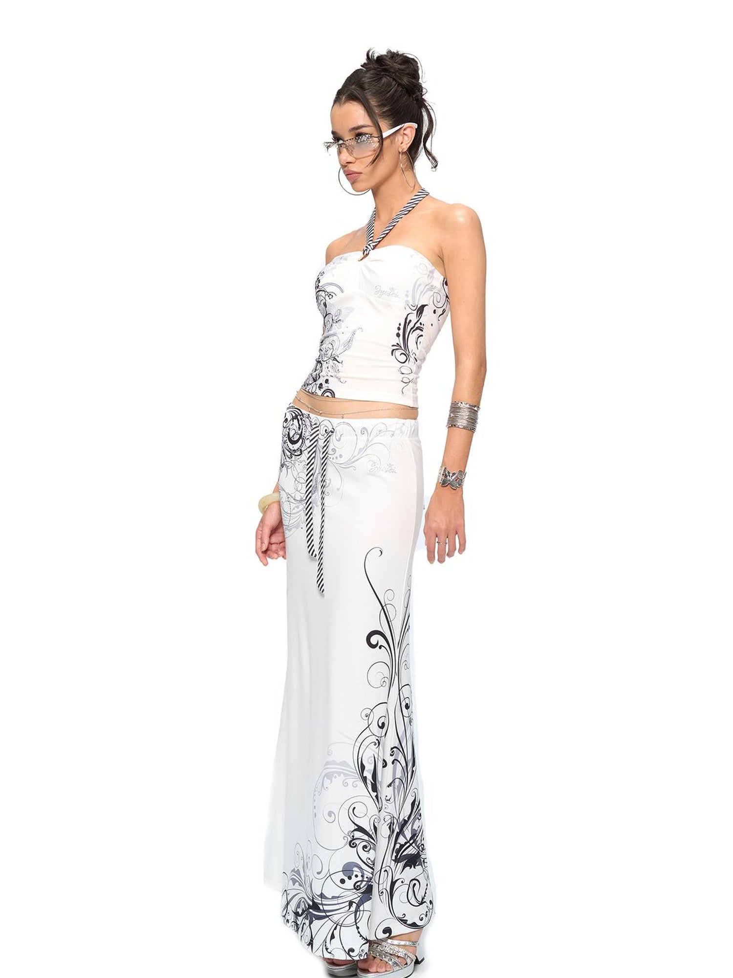 JYOSEI Y2K Stripes Crystal Top And Fishtail Skirt Set