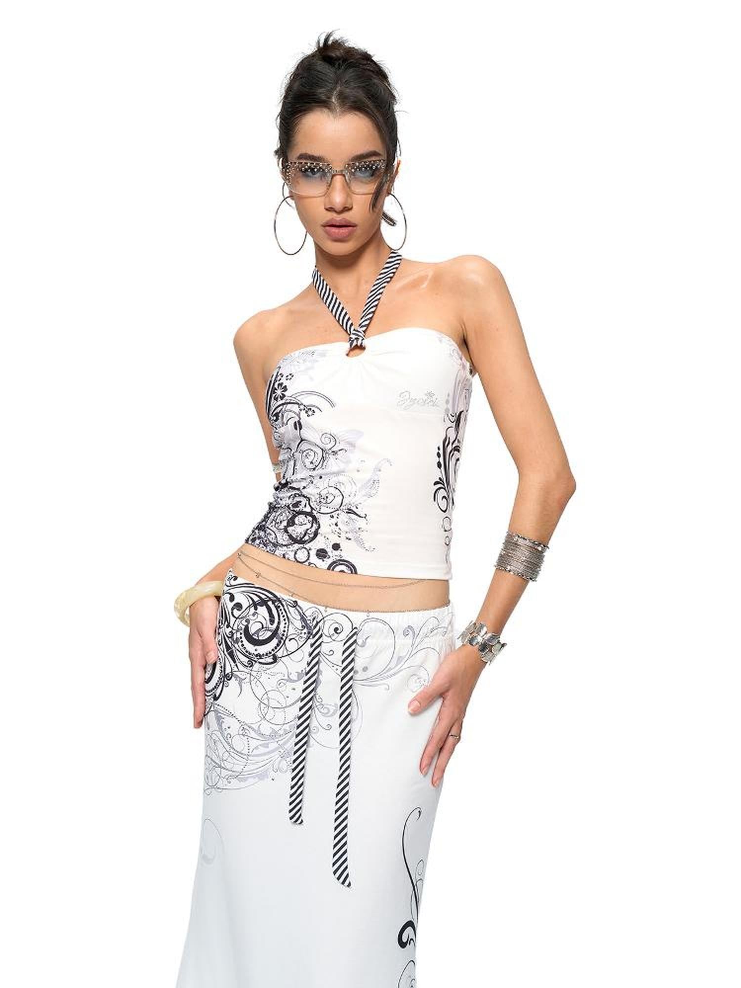 JYOSEI Y2K Stripes Crystal Top And Fishtail Skirt Set