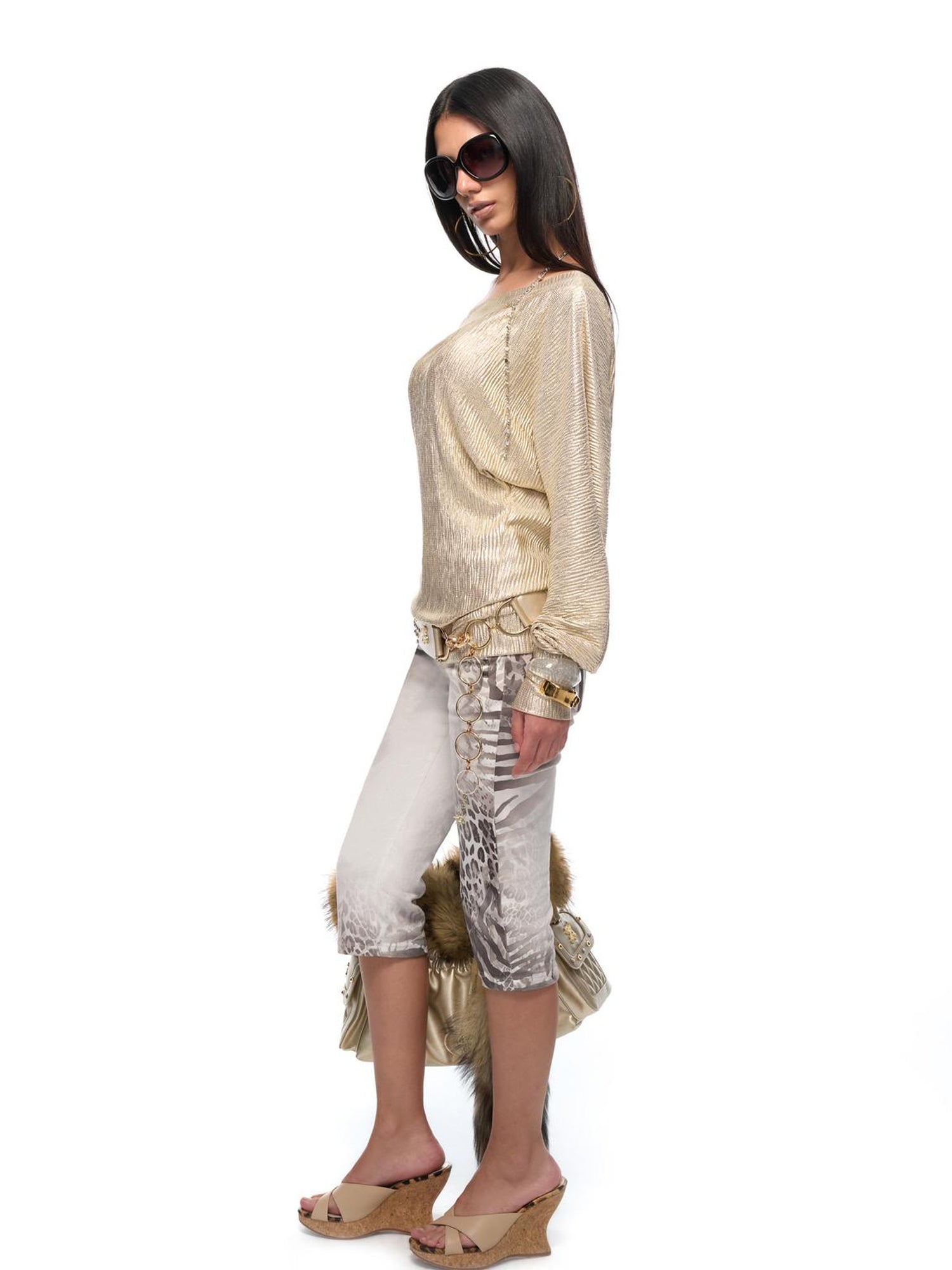 JYOSEI Y2k Gold Pleated Off Shoulder Chain Detail Loose Top