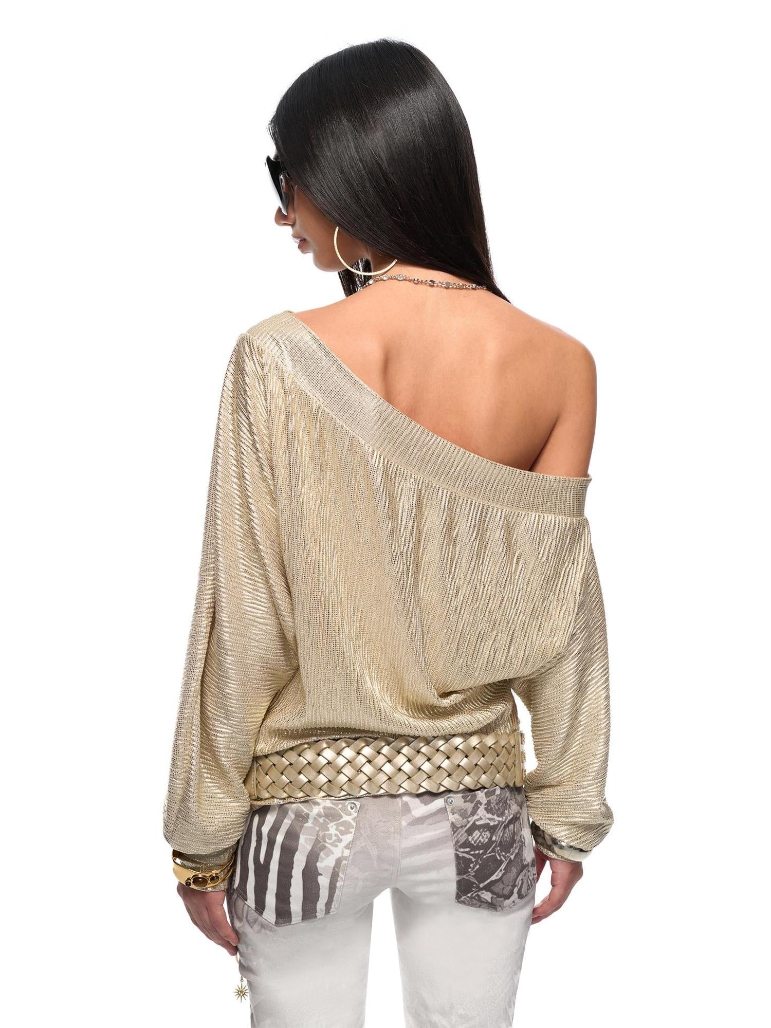 JYOSEI Y2k Gold Pleated Off Shoulder Chain Detail Loose Top
