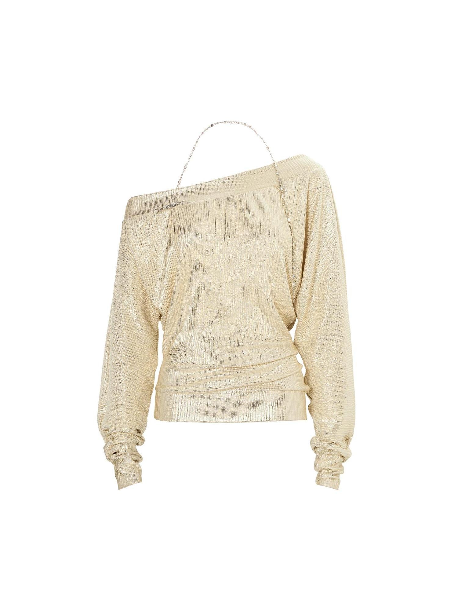 JYOSEI Y2k Gold Pleated Off Shoulder Chain Detail Loose Top