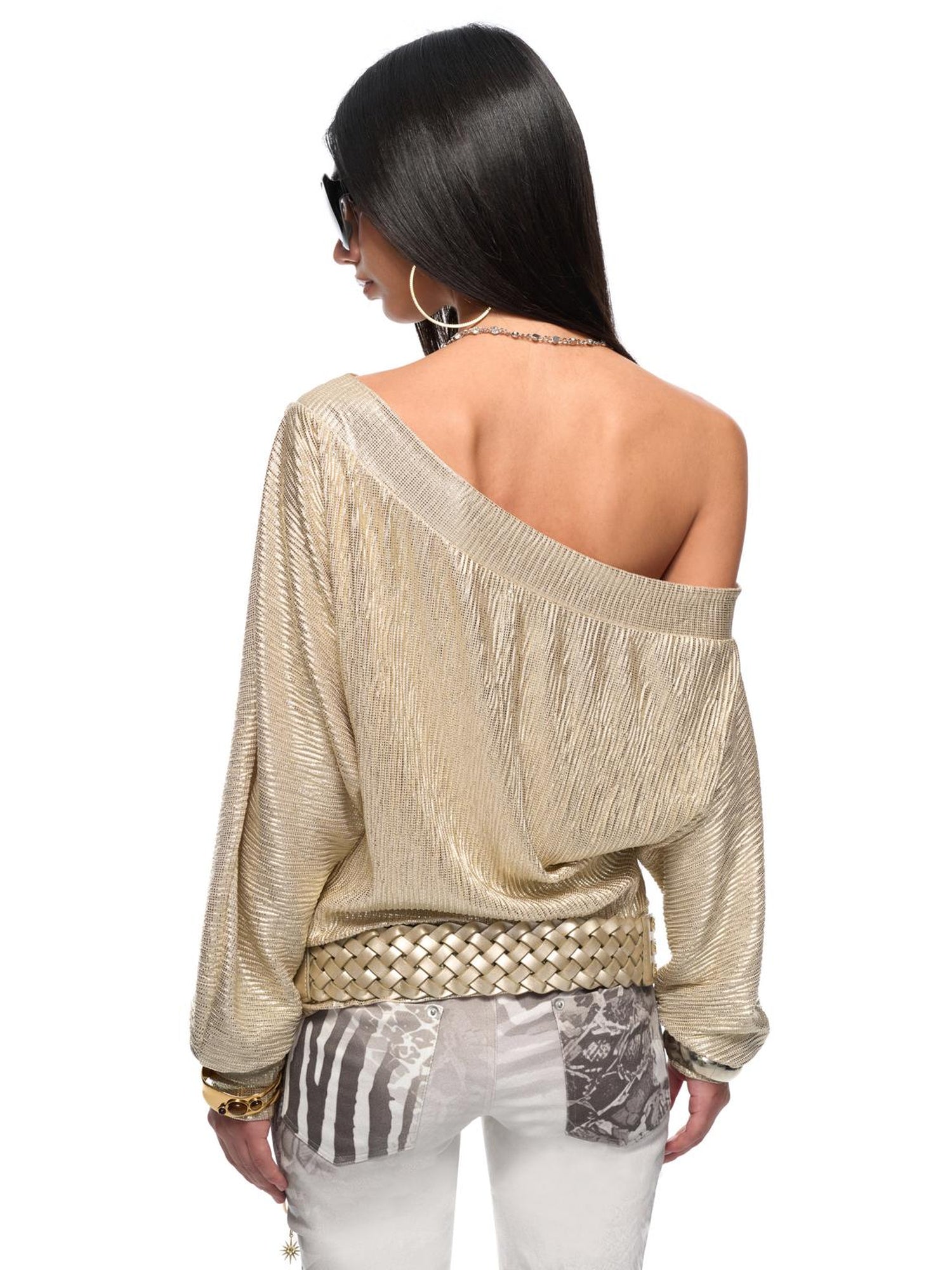JYOSEI Y2k Gold Pleated Off Shoulder Chain Detail Loose Top