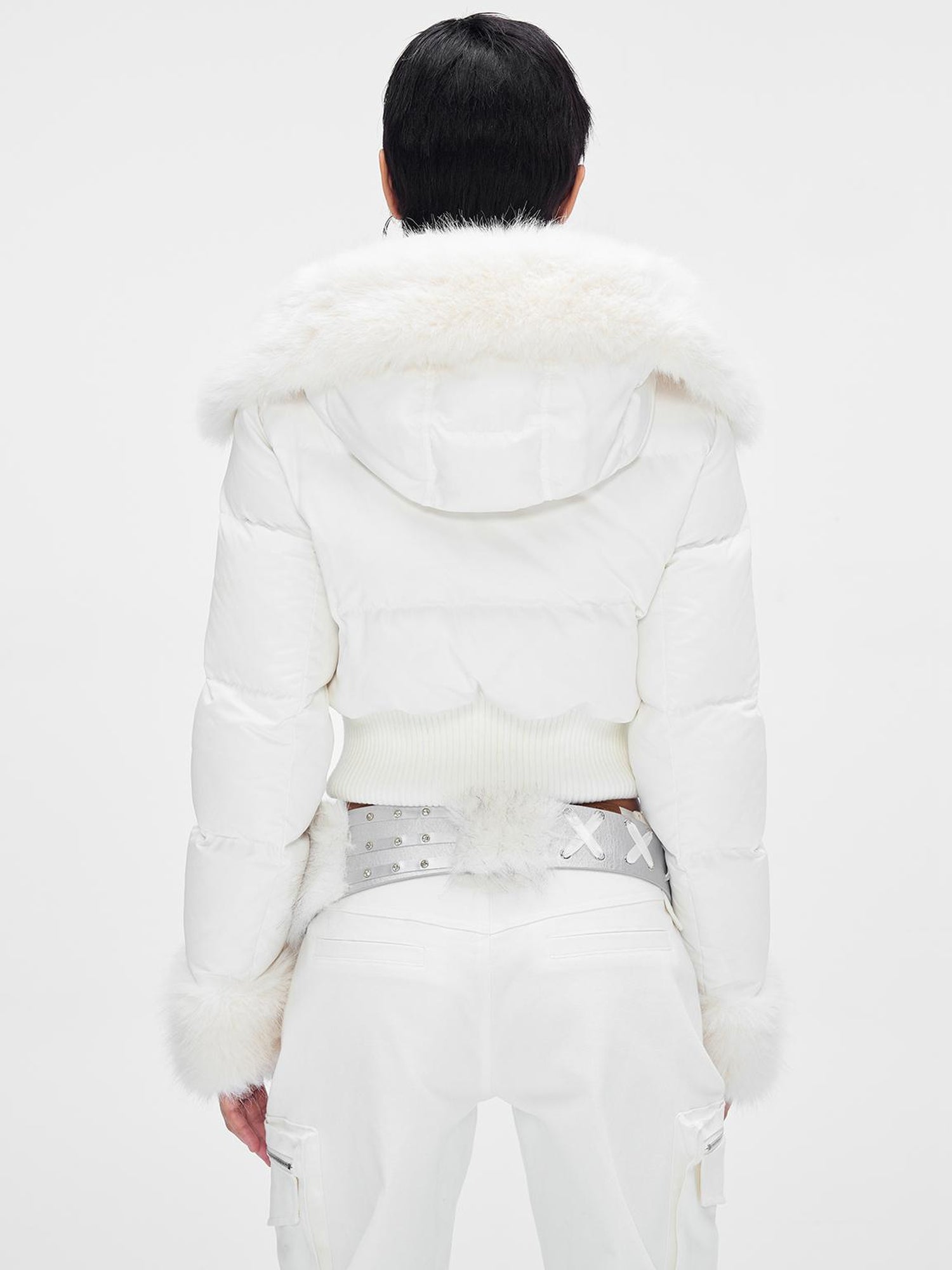 JYOSEI Y K White Waisted Short Down Jacket with Fur Trim and Ribbed Hem