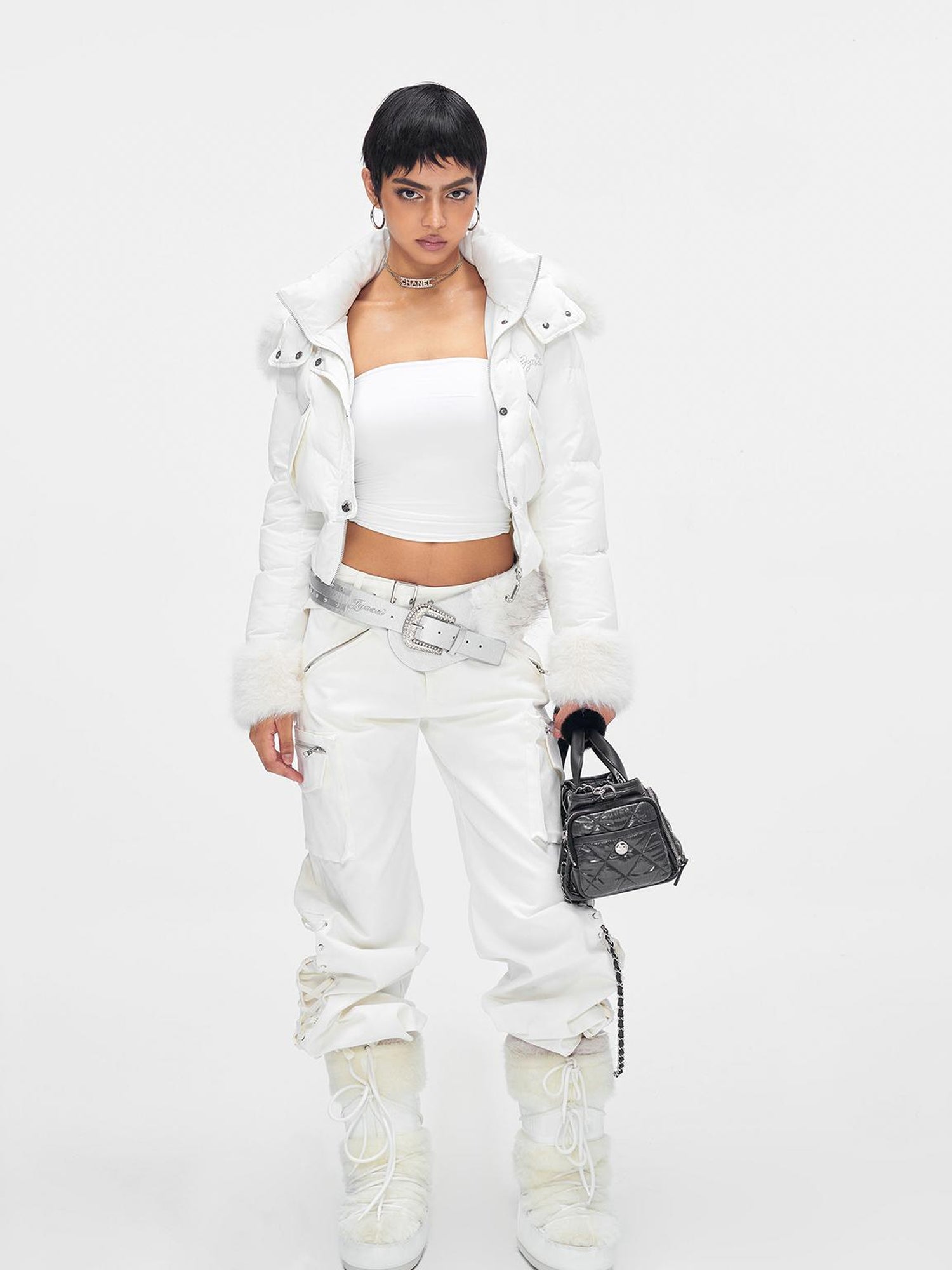 JYOSEI Y K White Waisted Short Down Jacket with Fur Trim and Ribbed Hem
