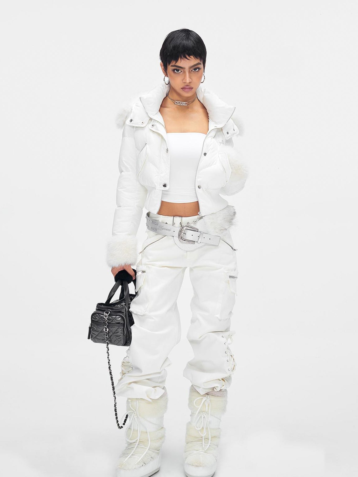 JYOSEI Y K White Waisted Short Down Jacket with Fur Trim and Ribbed Hem