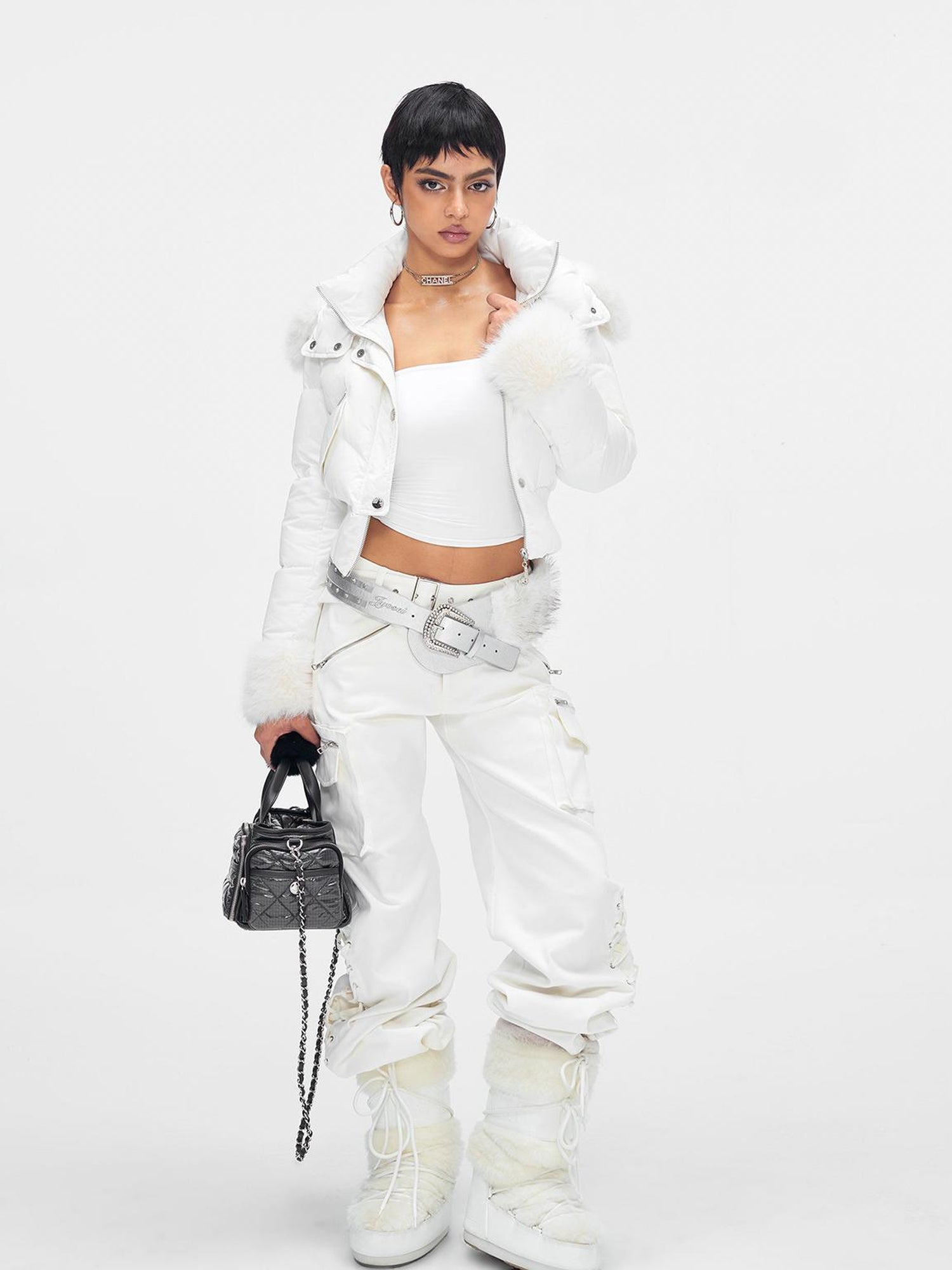 JYOSEI Y K White Waisted Short Down Jacket with Fur Trim and Ribbed Hem