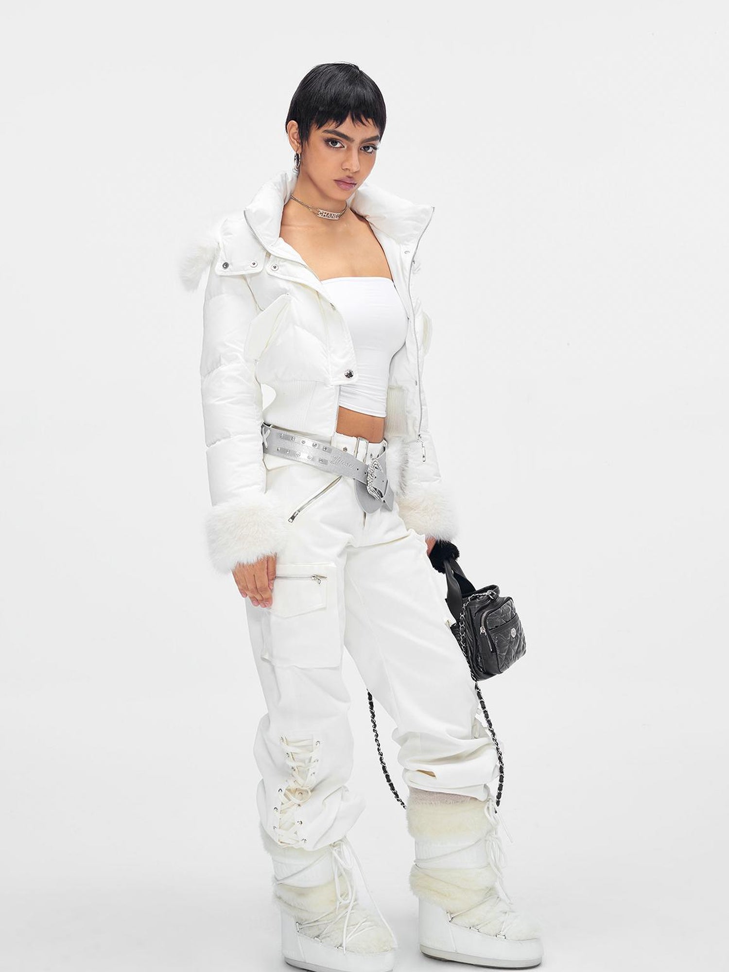 JYOSEI Y K White Waisted Short Down Jacket with Fur Trim and Ribbed Hem