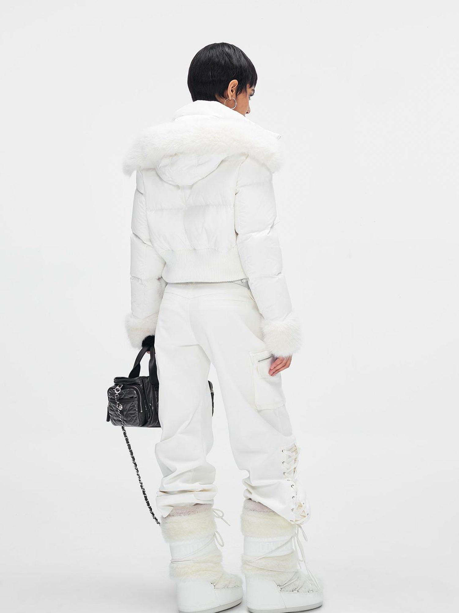 JYOSEI Y K White Waisted Short Down Jacket with Fur Trim and Ribbed Hem