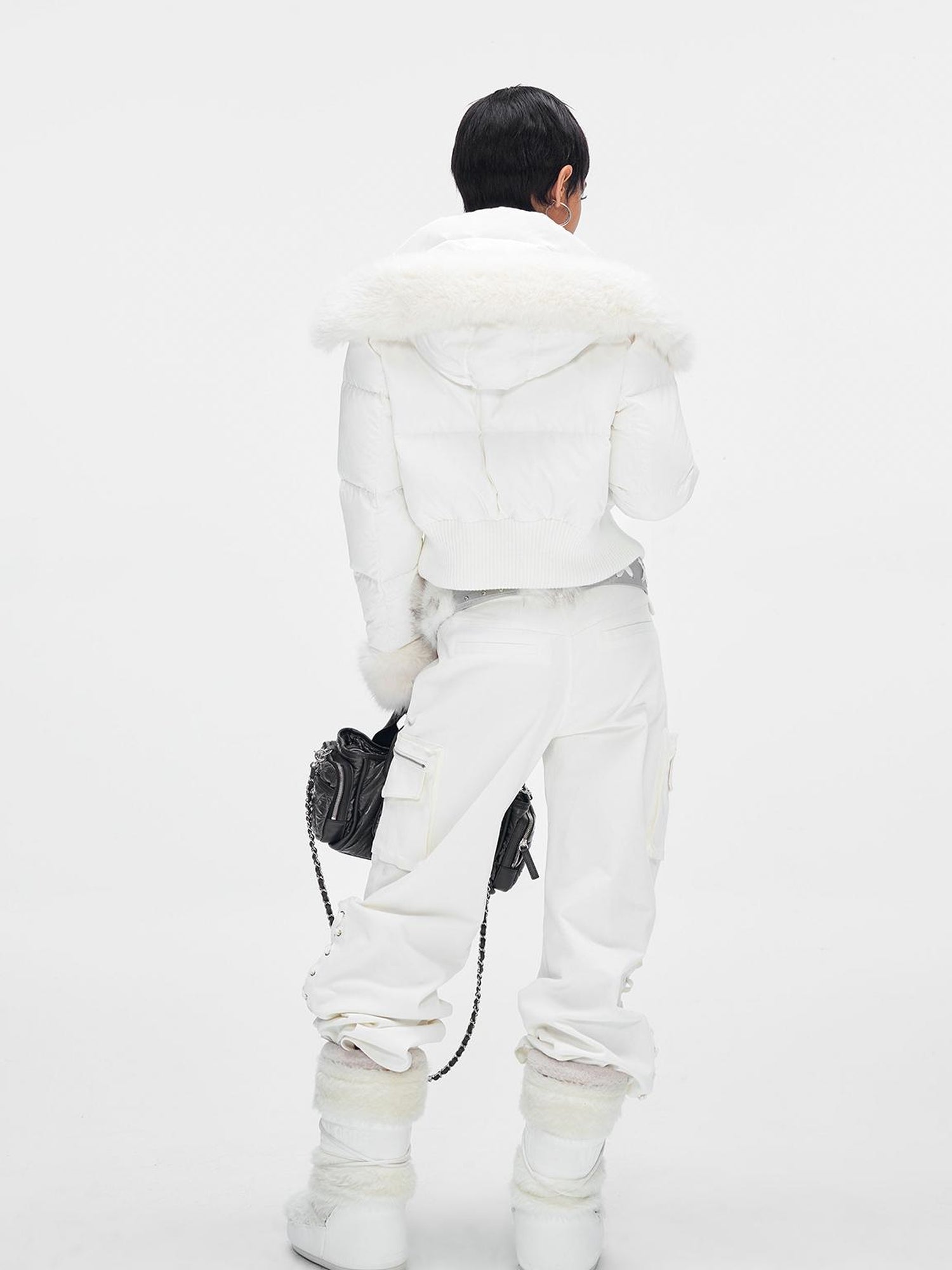 JYOSEI Y K White Waisted Short Down Jacket with Fur Trim and Ribbed Hem