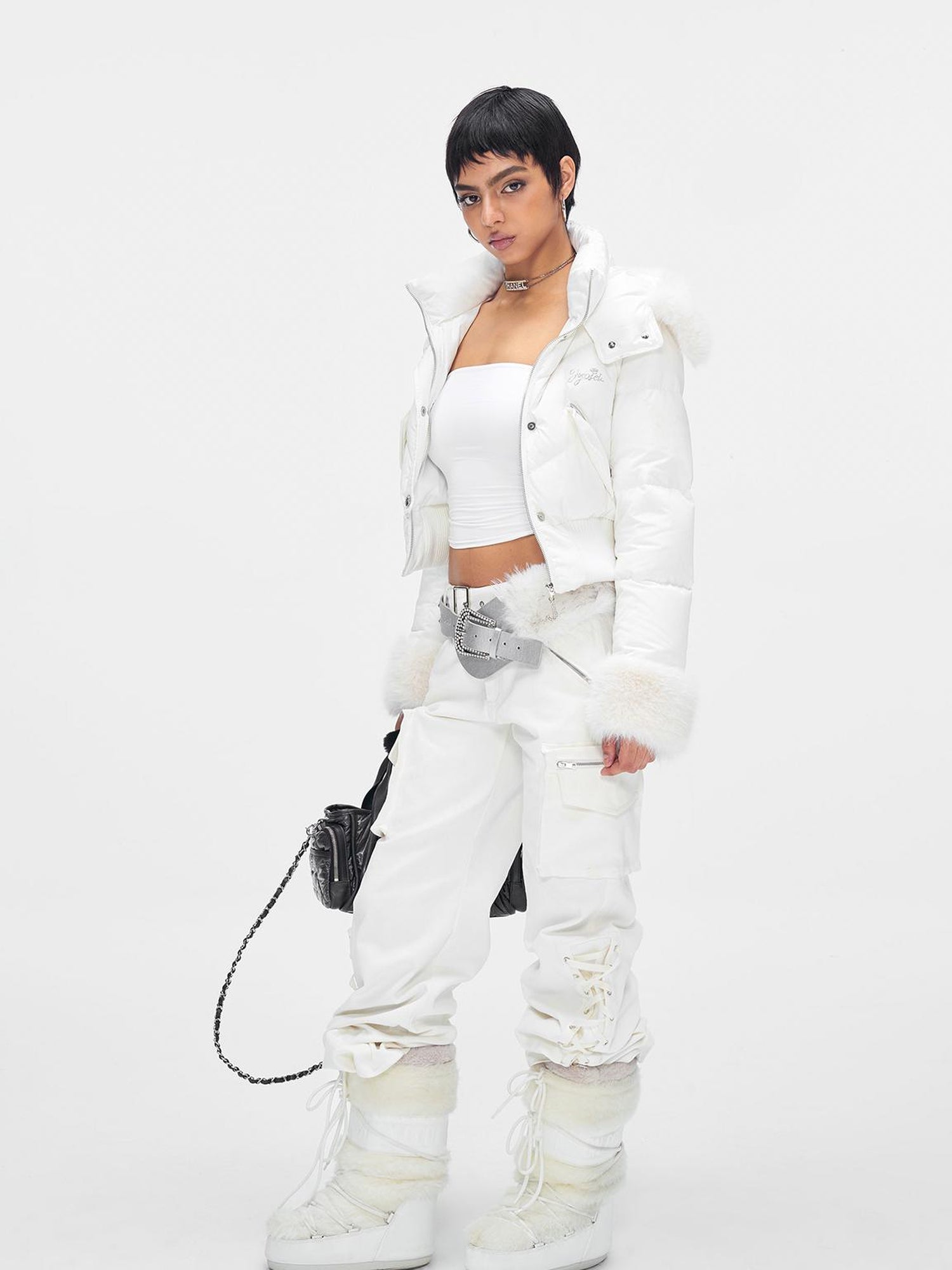 JYOSEI Y K White Waisted Short Down Jacket with Fur Trim and Ribbed Hem