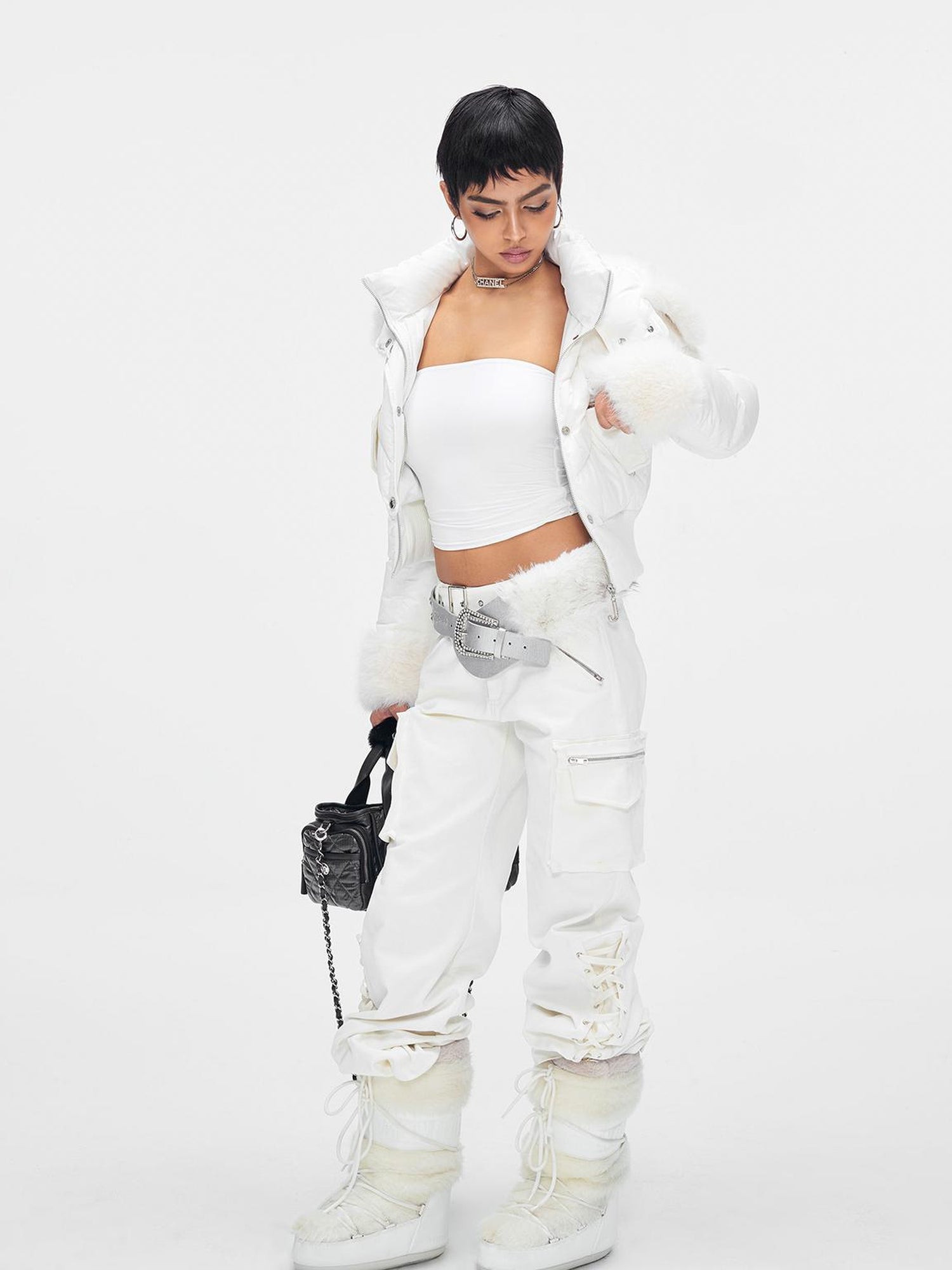 JYOSEI Y K White Waisted Short Down Jacket with Fur Trim and Ribbed Hem