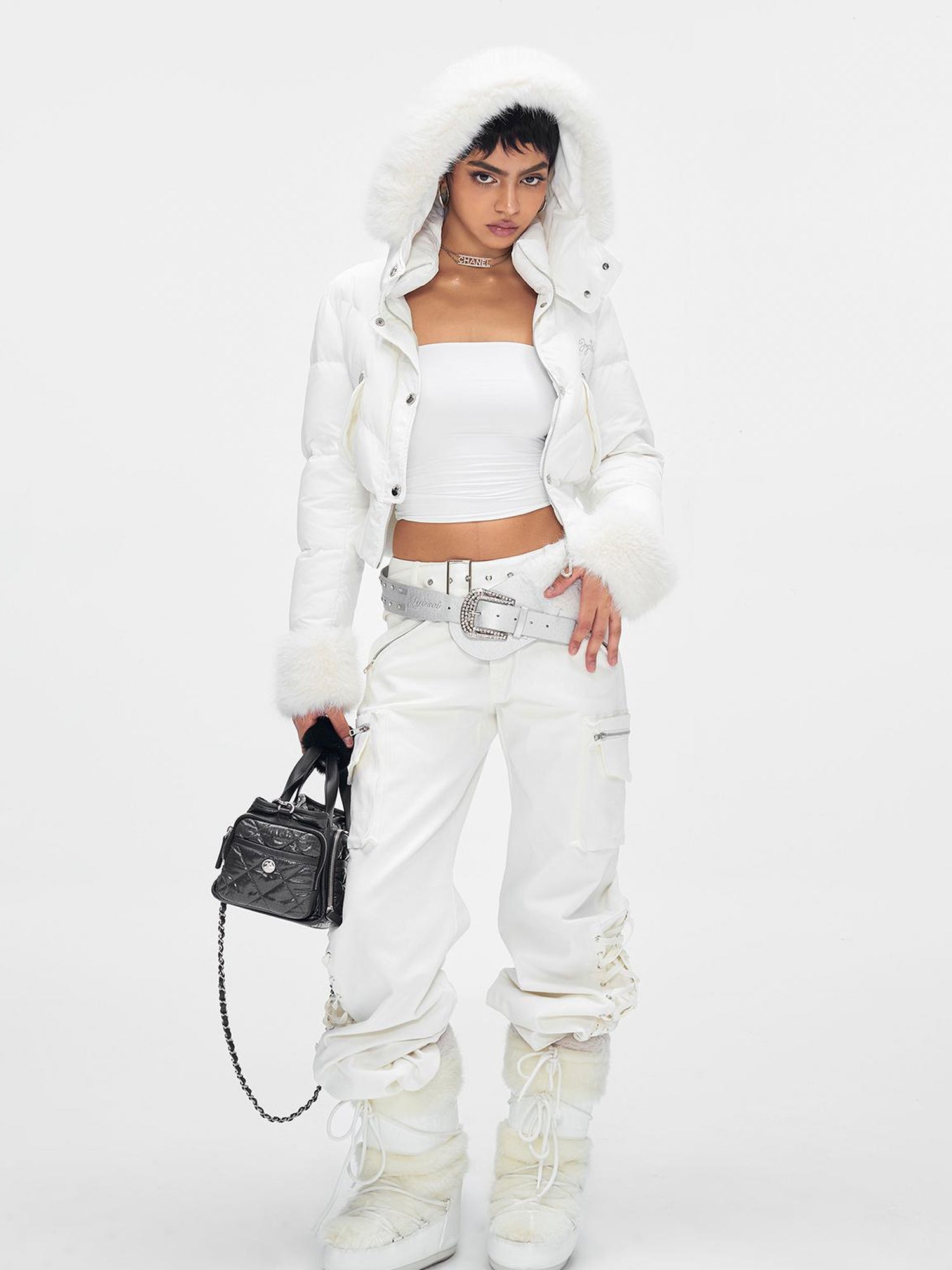 JYOSEI Y K White Waisted Short Down Jacket with Fur Trim and Ribbed Hem