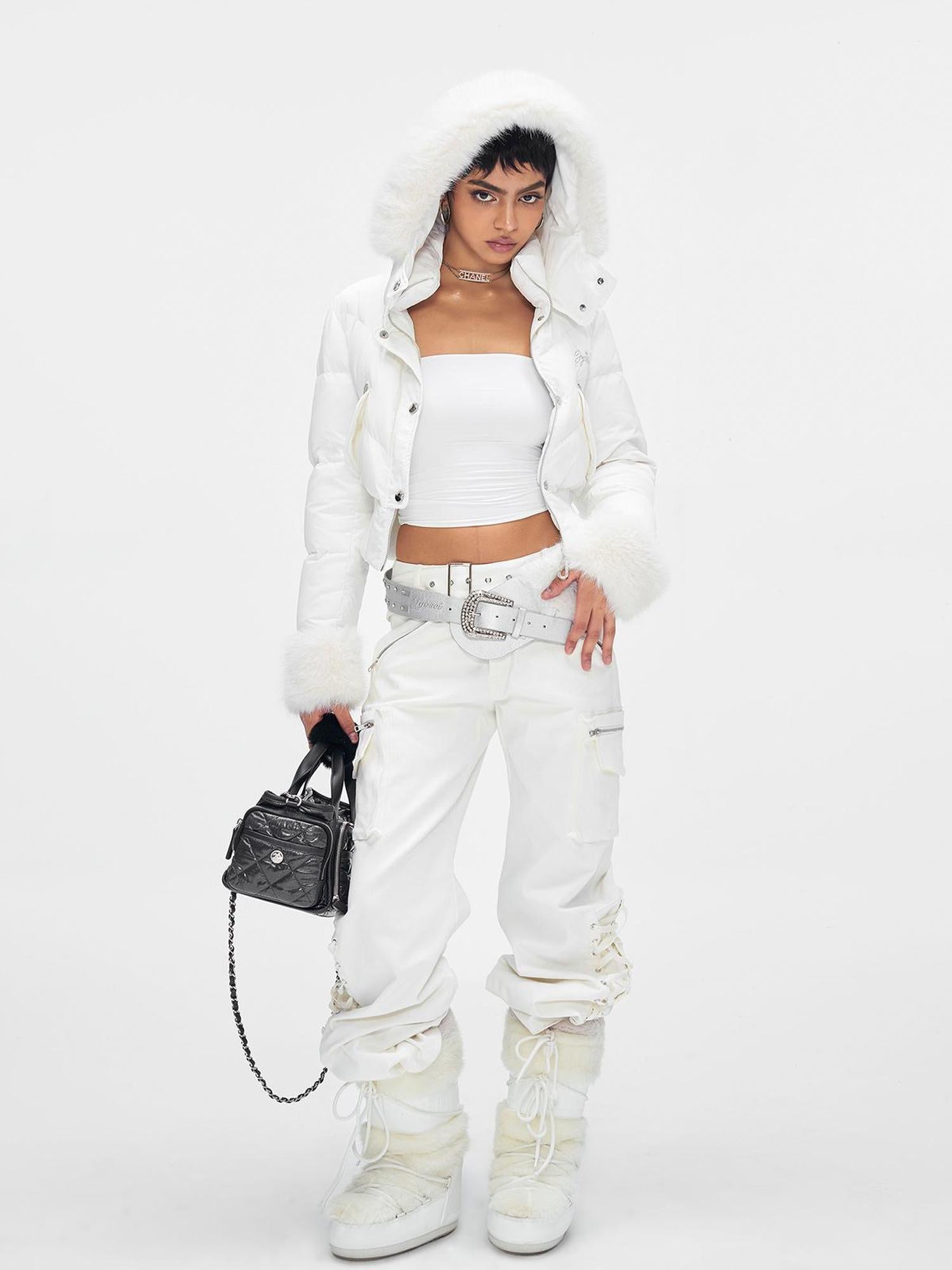 JYOSEI Y K White Waisted Short Down Jacket with Fur Trim and Ribbed Hem