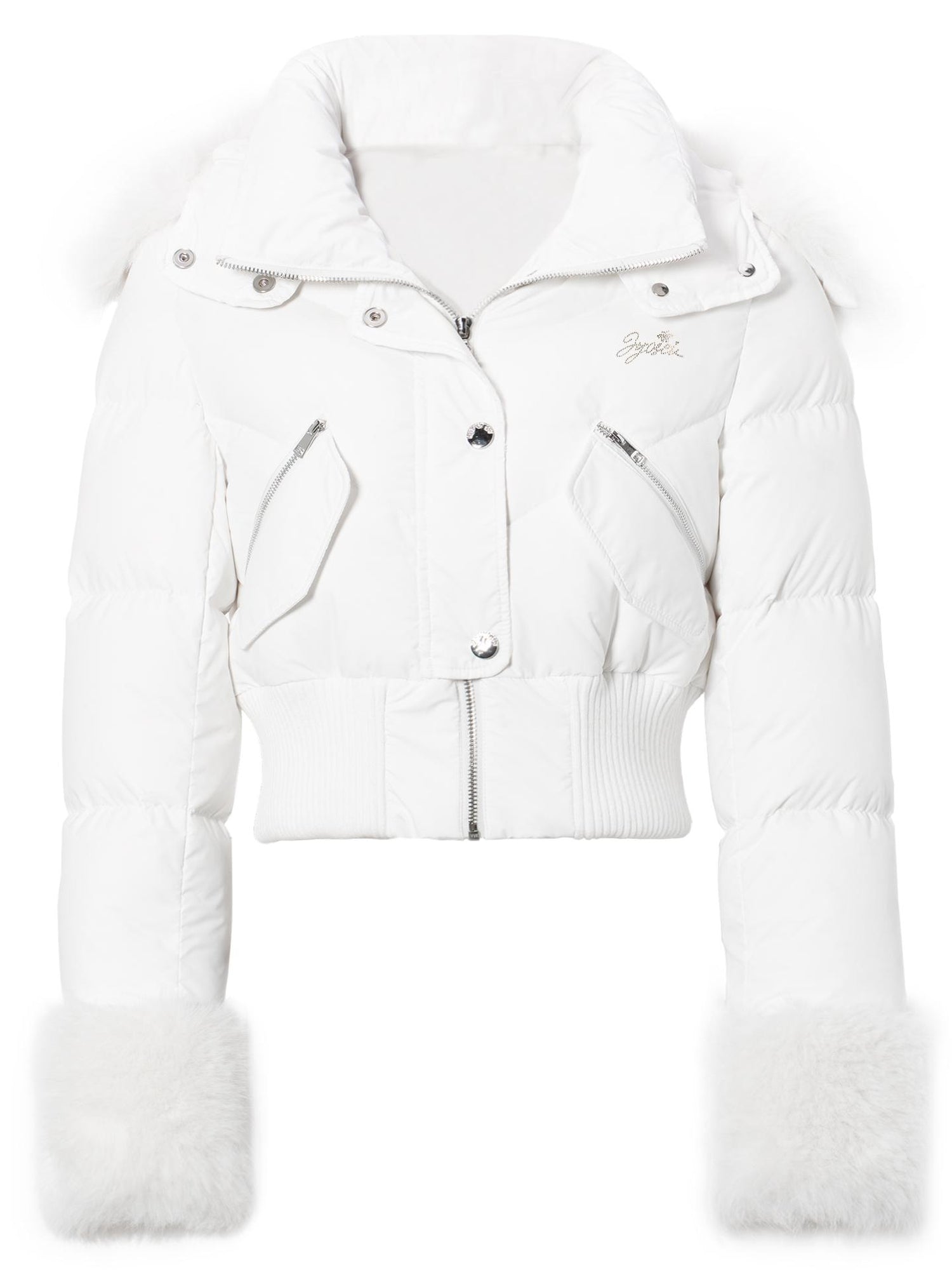 JYOSEI Y K White Waisted Short Down Jacket with Fur Trim and Ribbed Hem