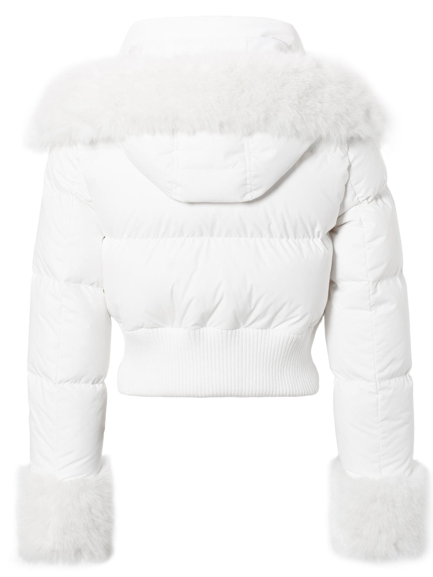 JYOSEI Y K White Waisted Short Down Jacket with Fur Trim and Ribbed Hem