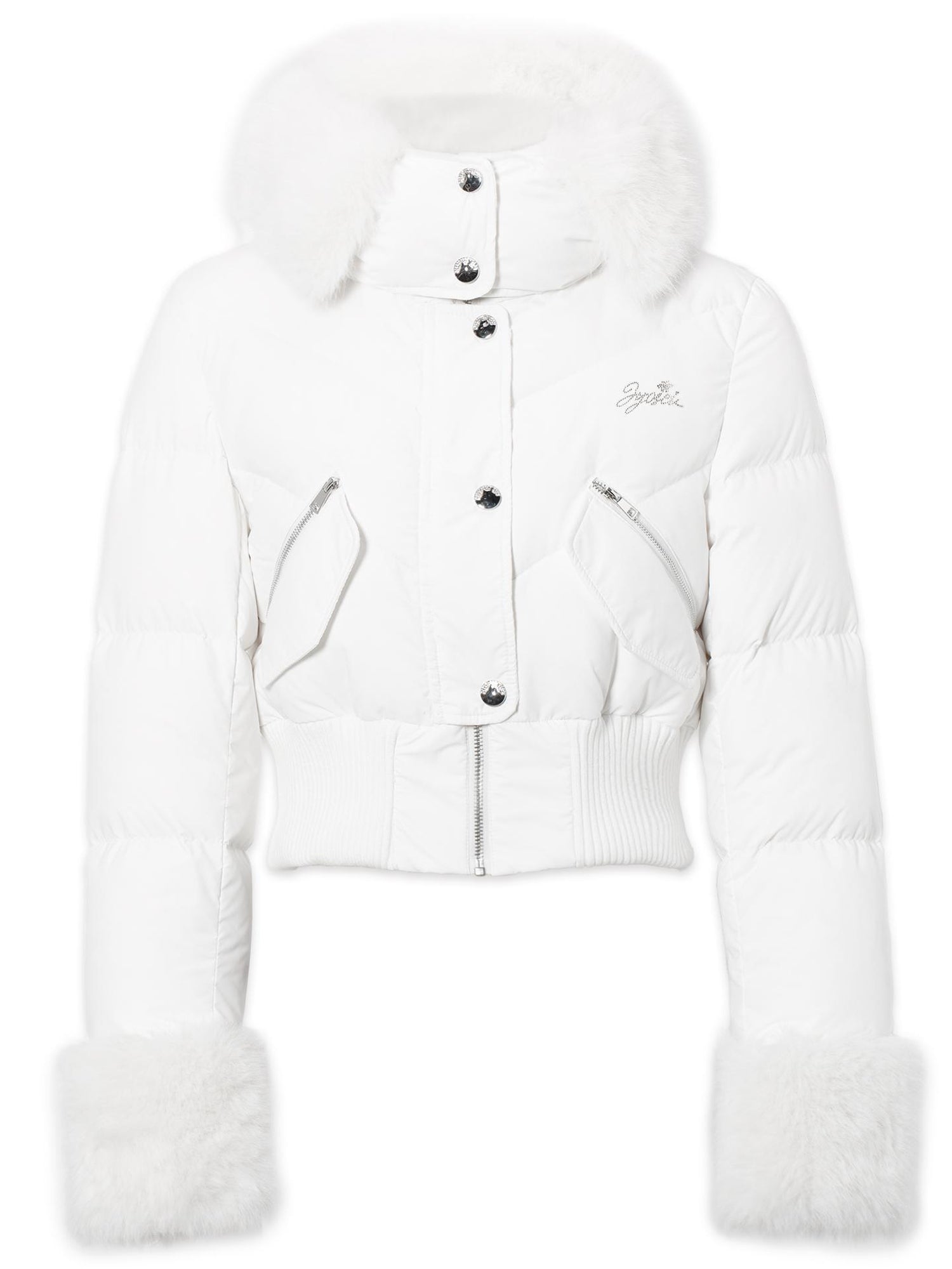 JYOSEI Y K White Waisted Short Down Jacket with Fur Trim and Ribbed Hem