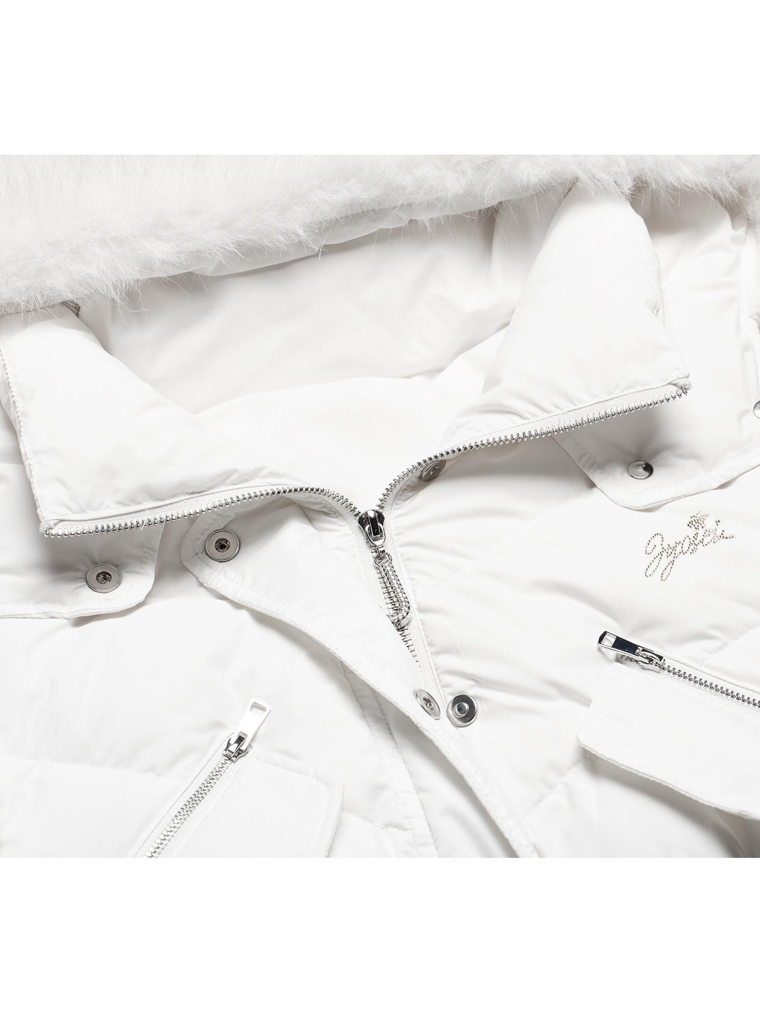 JYOSEI Y K White Waisted Short Down Jacket with Fur Trim and Ribbed Hem