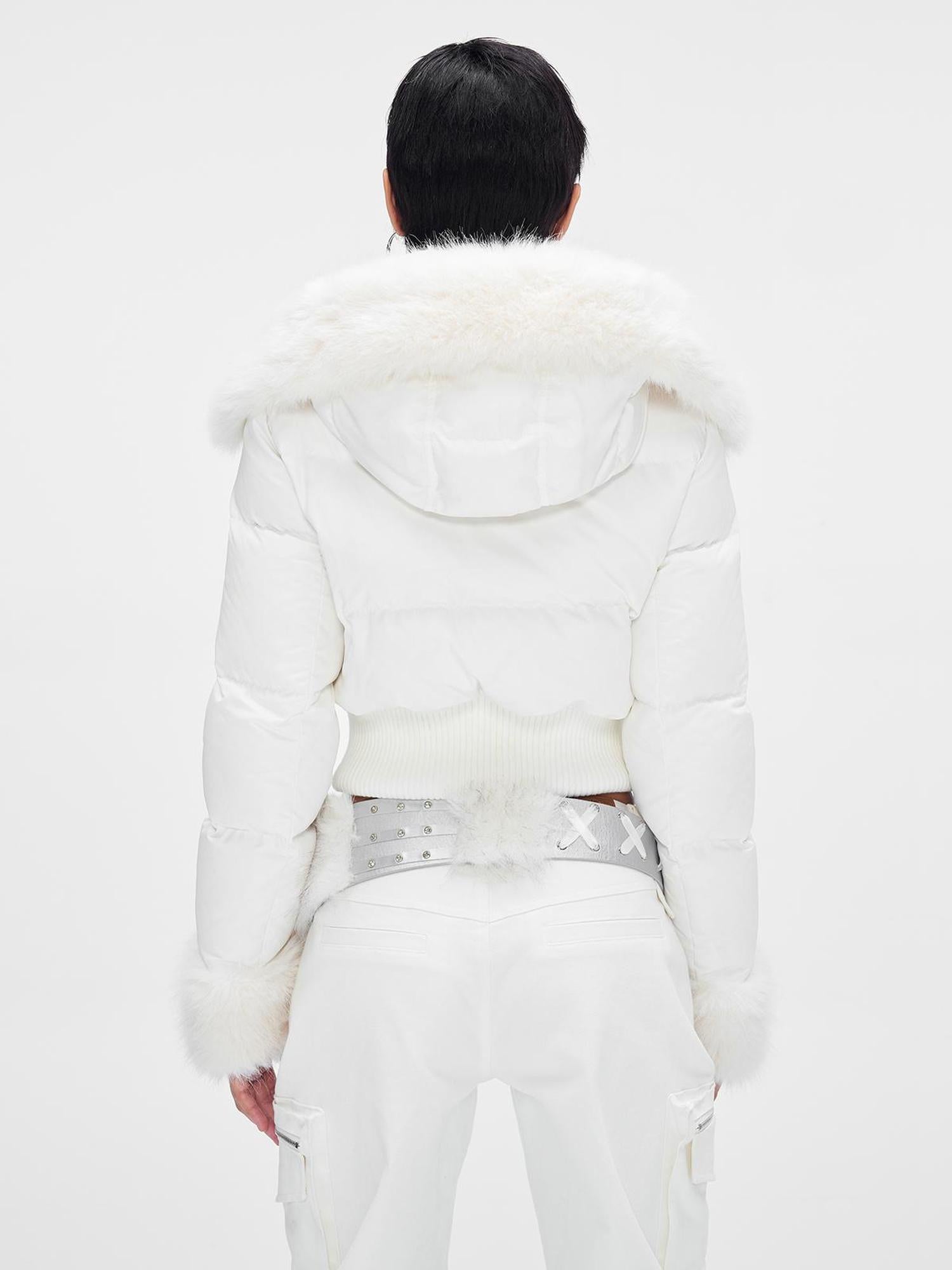 JYOSEI Y K White Waisted Short Down Jacket with Fur Trim and Ribbed Hem