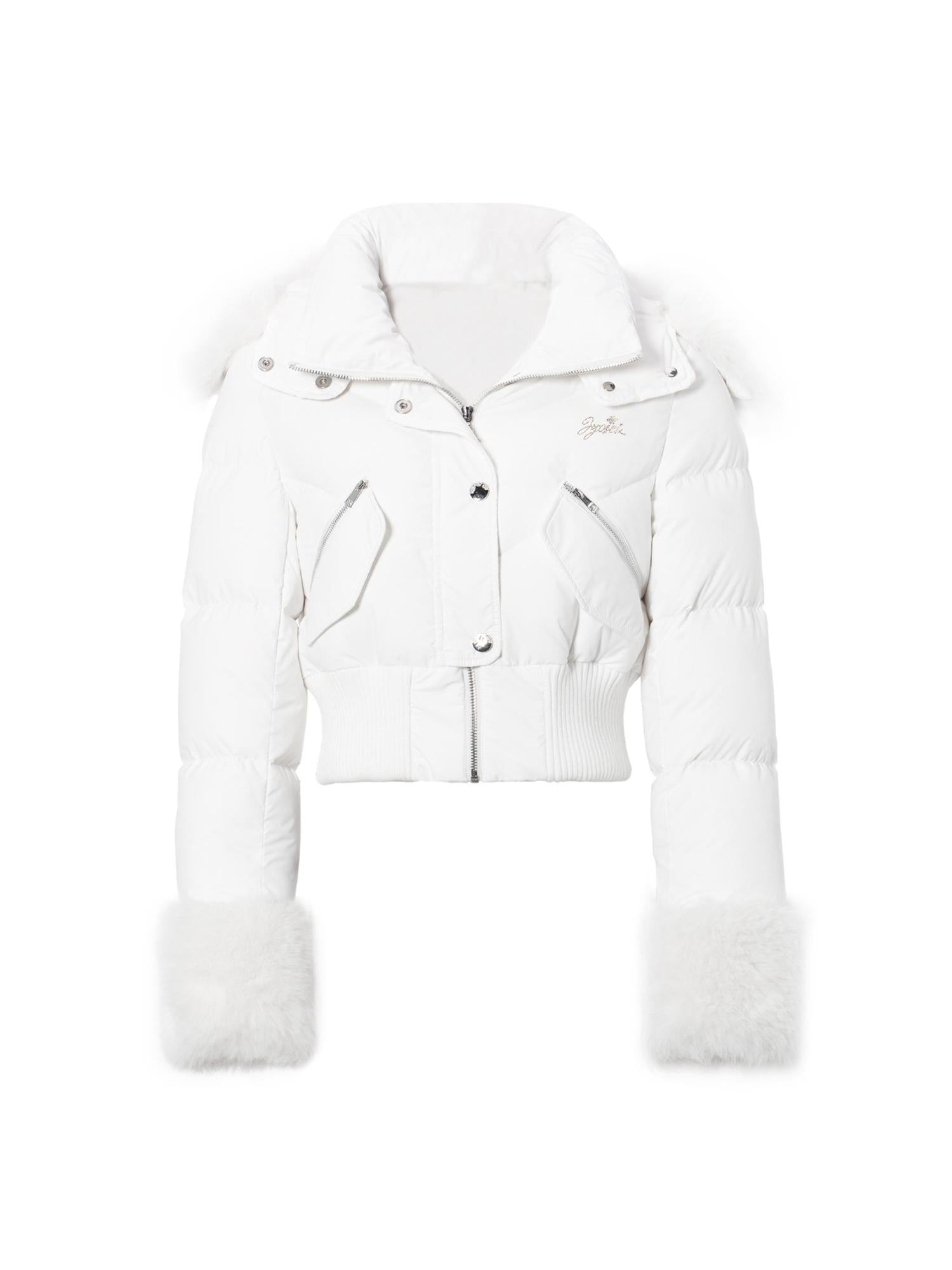 JYOSEI Y K White Waisted Short Down Jacket with Fur Trim and Ribbed Hem