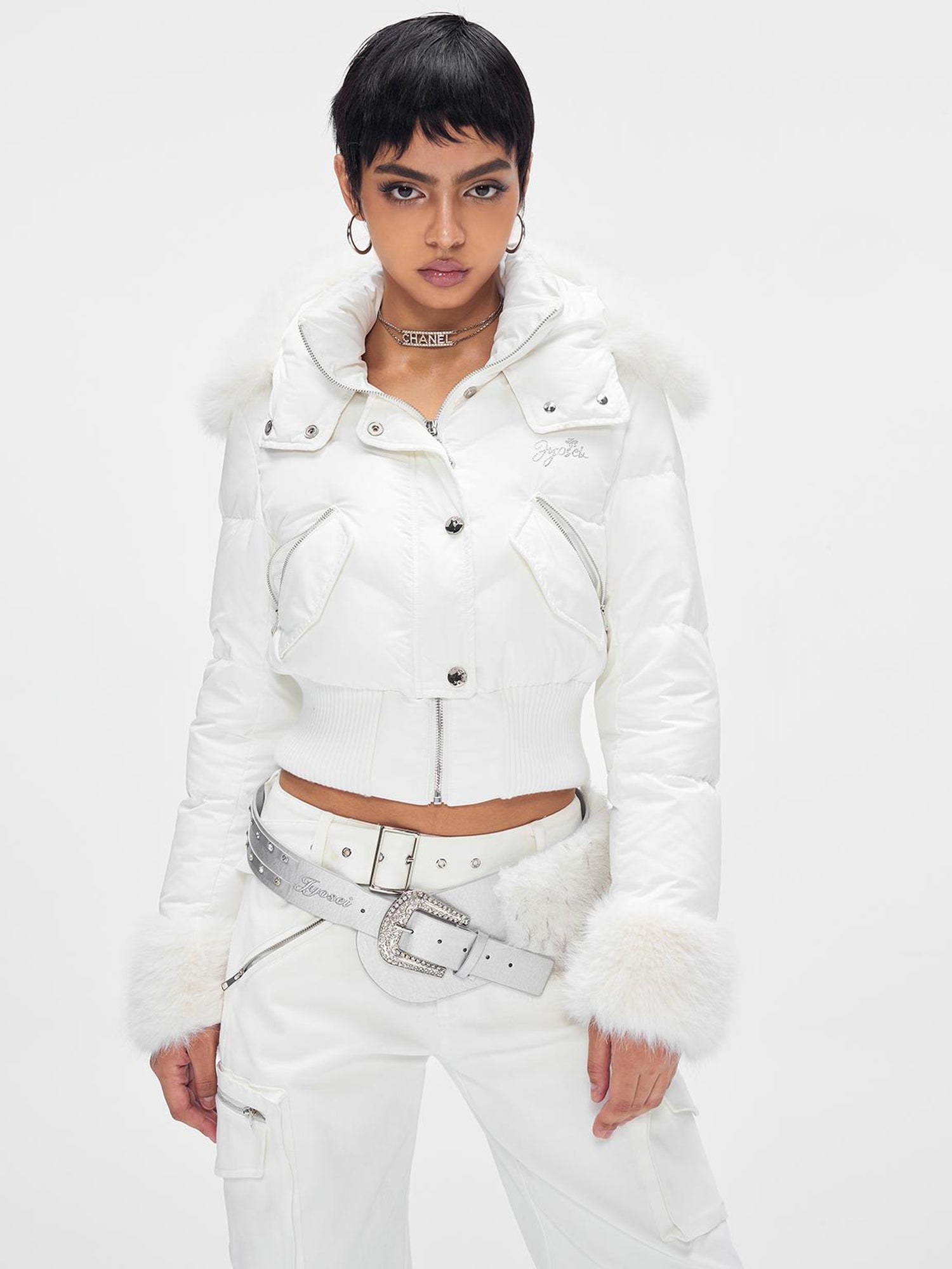 JYOSEI Y K White Waisted Short Down Jacket with Fur Trim and Ribbed Hem