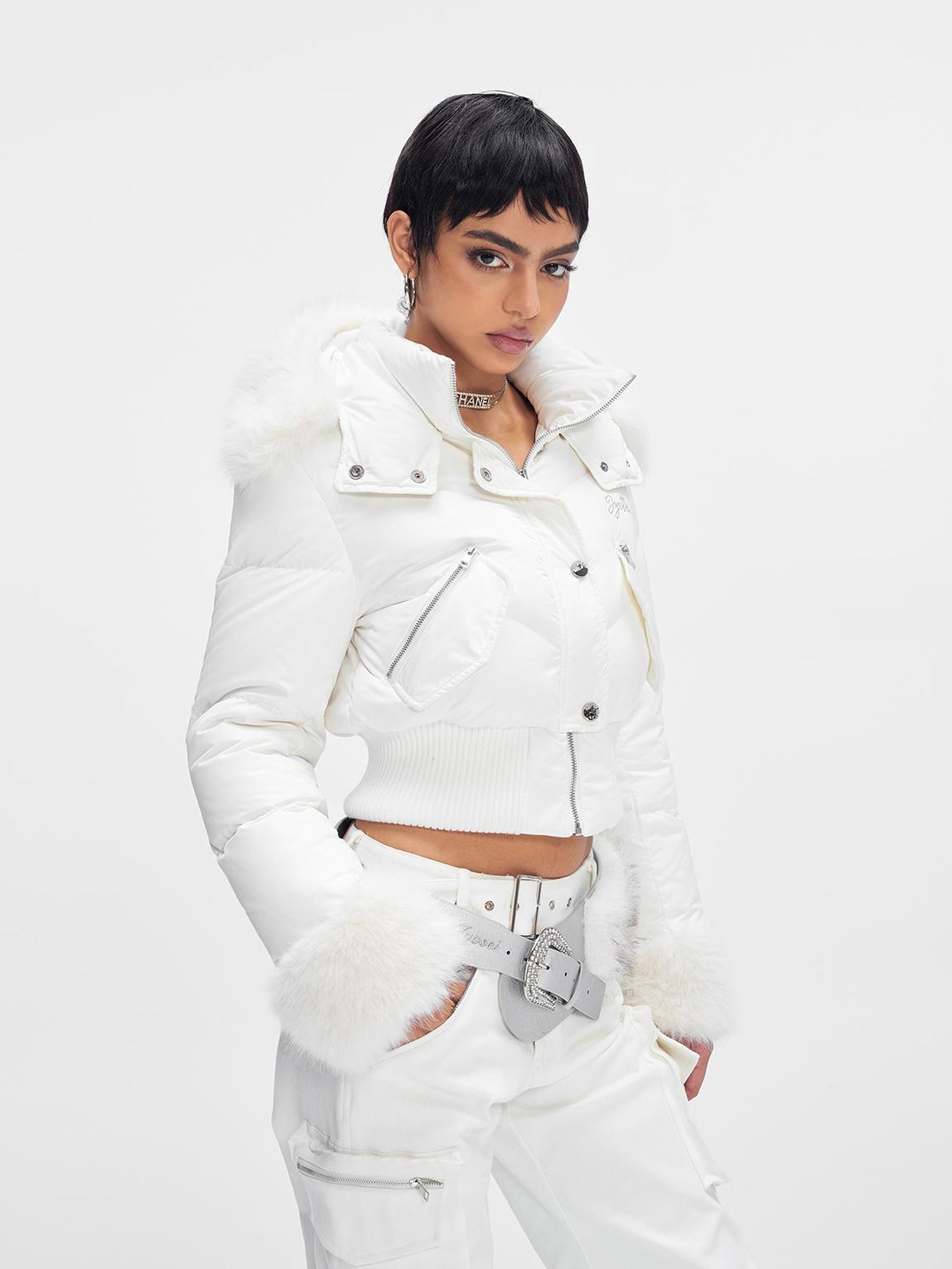 JYOSEI Y K White Waisted Short Down Jacket with Fur Trim and Ribbed Hem