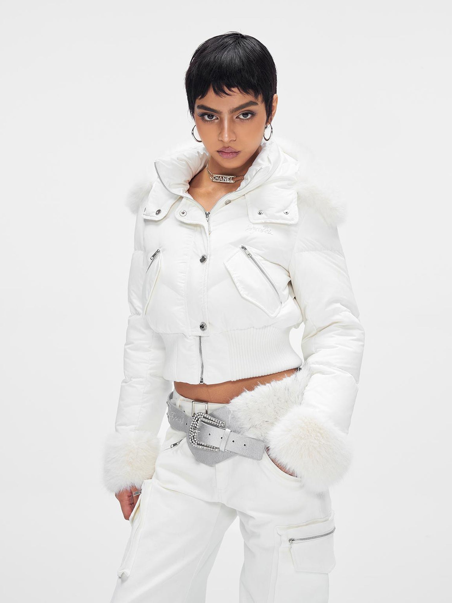 JYOSEI Y K White Waisted Short Down Jacket with Fur Trim and Ribbed Hem