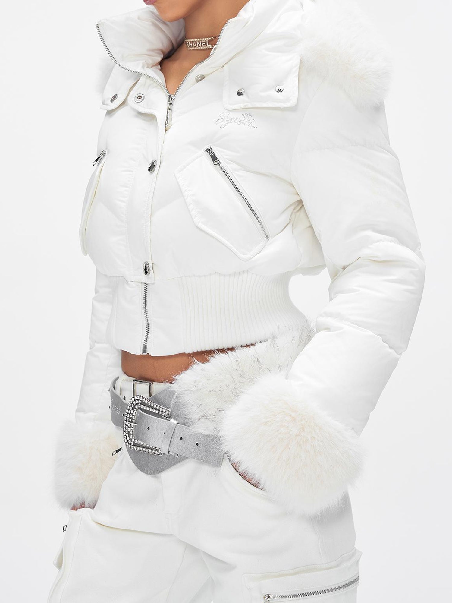 JYOSEI Y K White Waisted Short Down Jacket with Fur Trim and Ribbed Hem