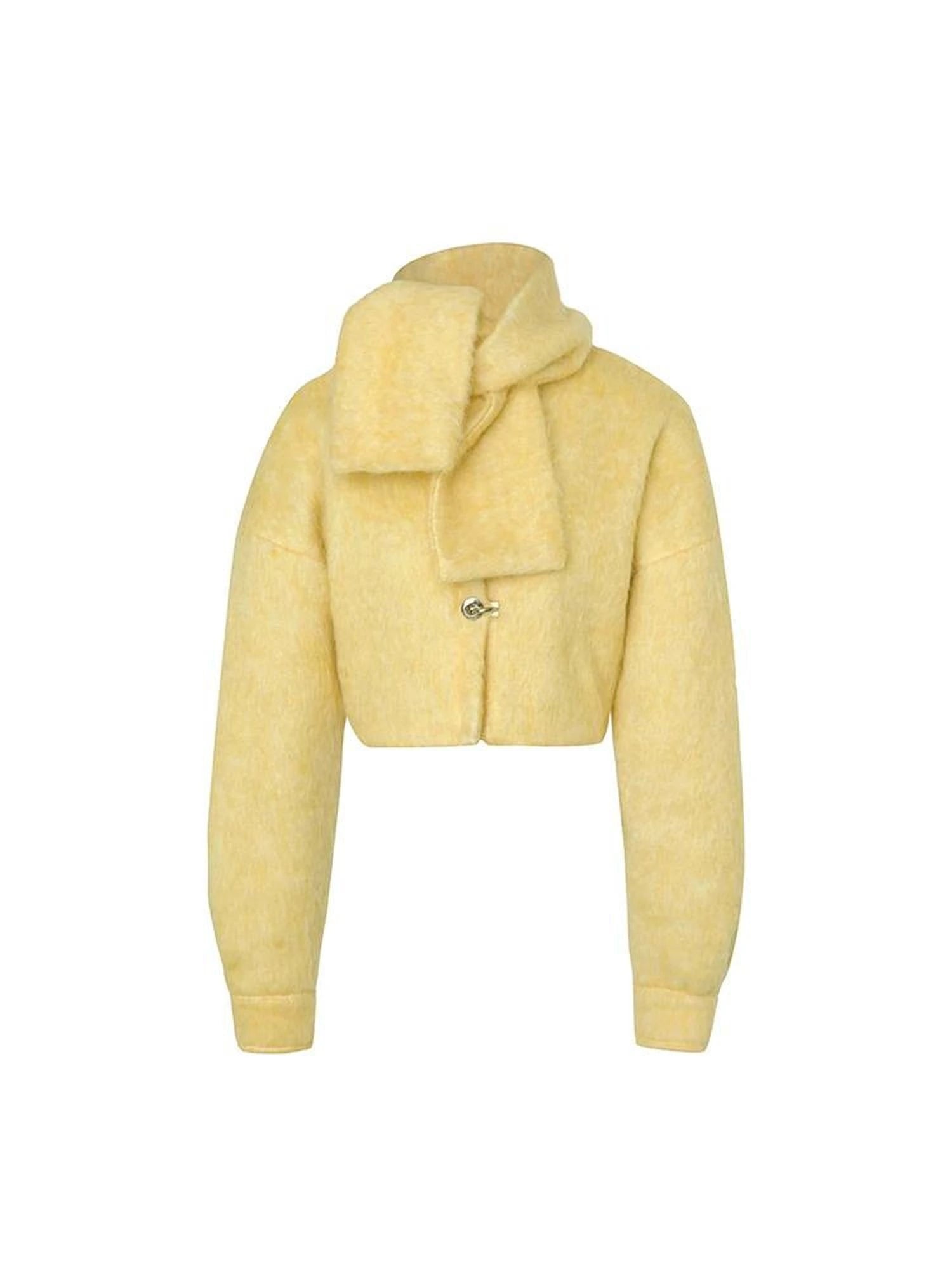 Yellow Wool Short Coat With Detachable Scarf