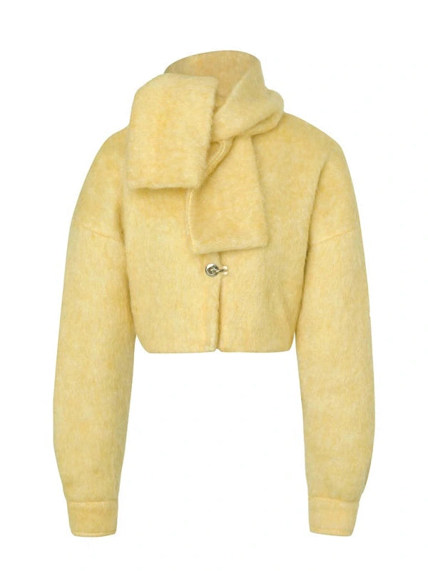 Yellow Wool Short Coat With Detachable Scarf