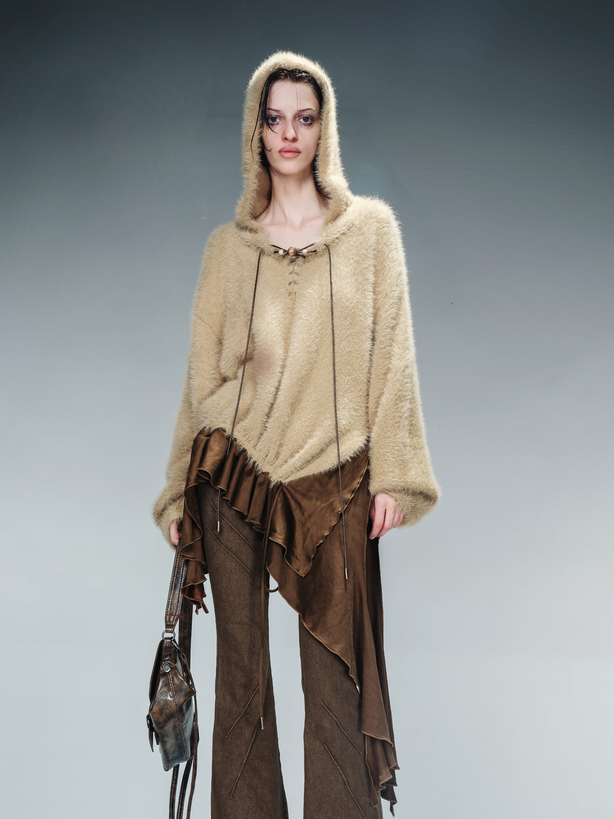 NN NORTH NODE Distressed Suede Panel Asymmetrical Knit Sweater